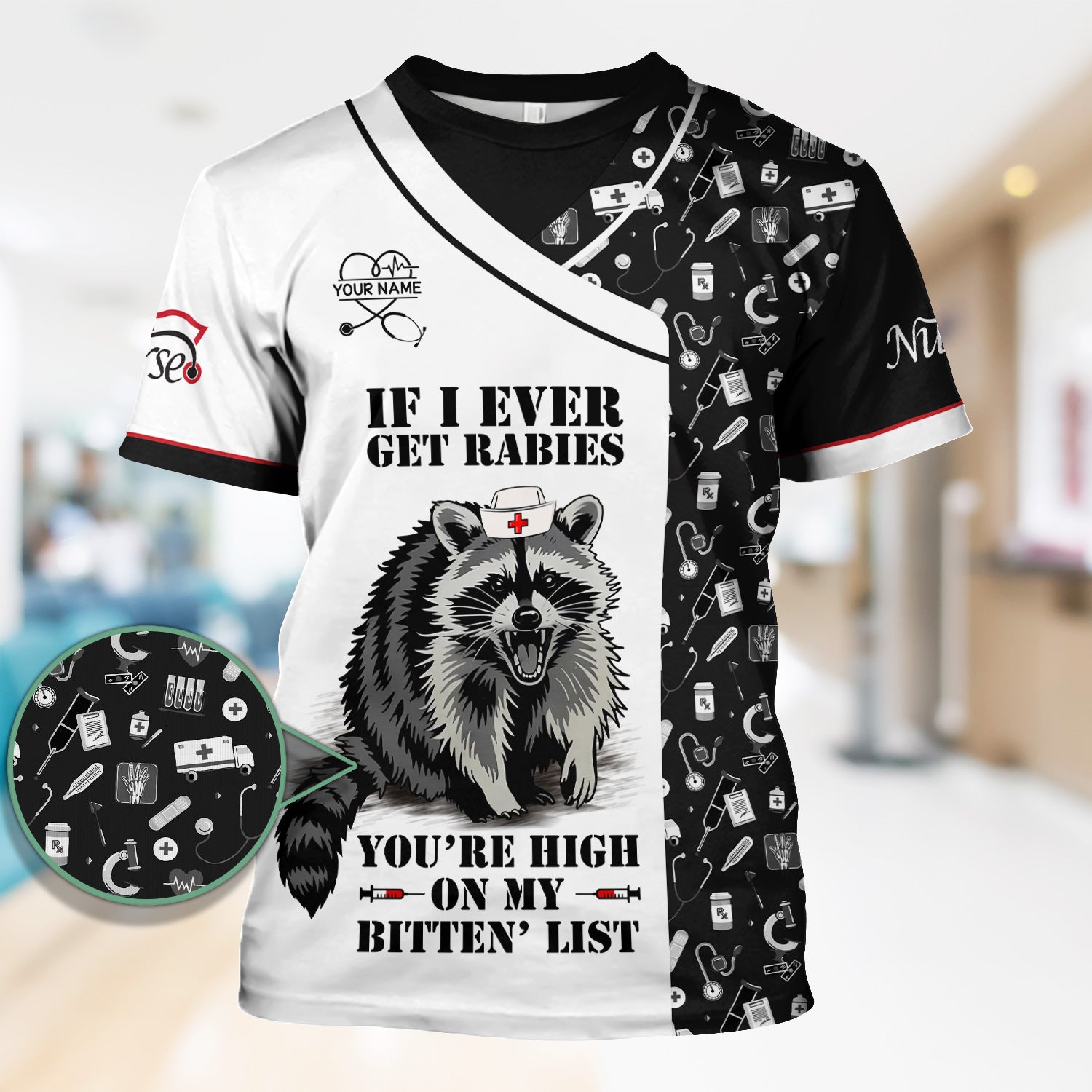 Custom Name Funny Nurse Scrub Top - You're High On My Bitten List - Gift for RN LPN CNA Healthcare Staff