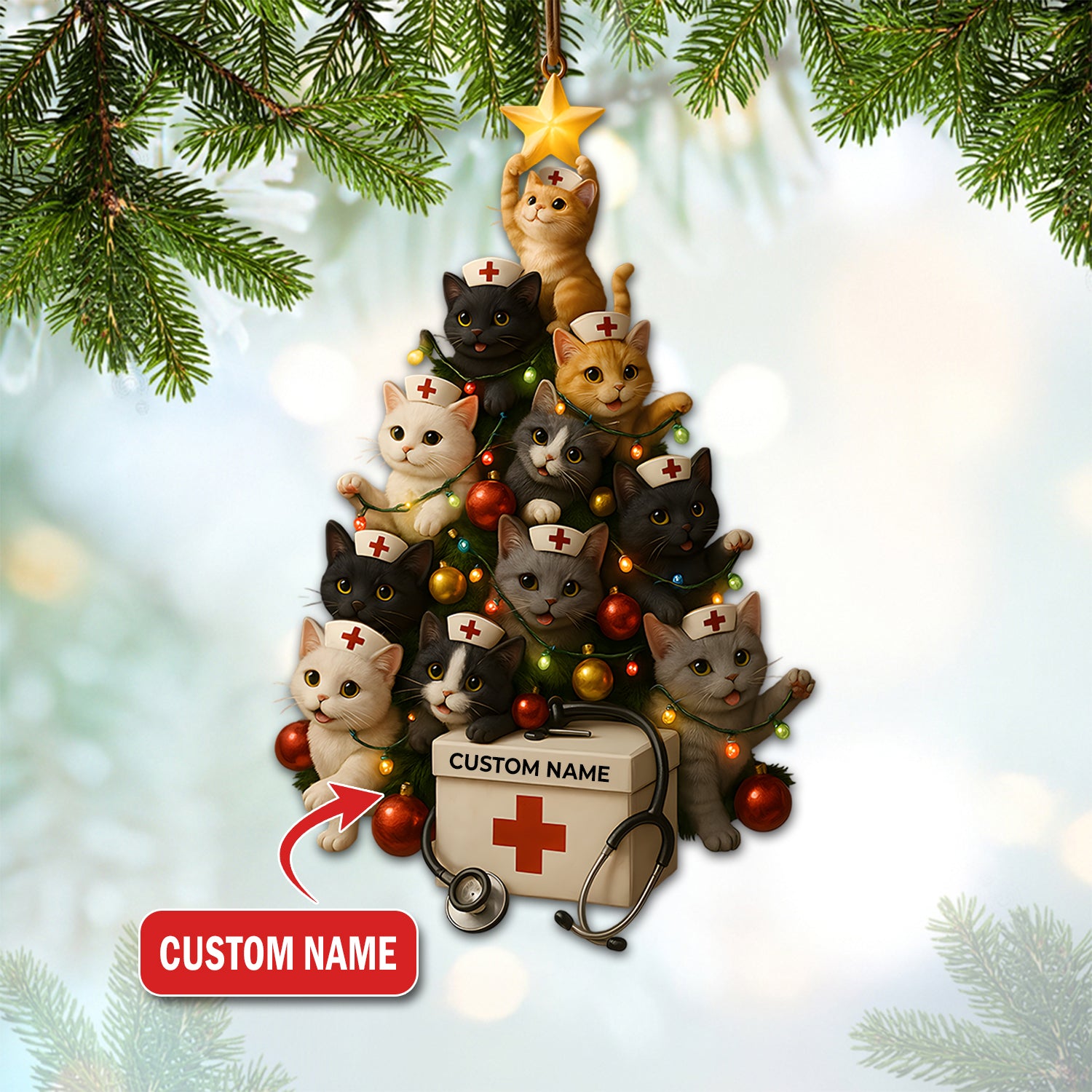 Custom Name Nurse Cat Ornament, Christmas Tree Medical Design, RN LPN CNA Healthcare Workers Gift