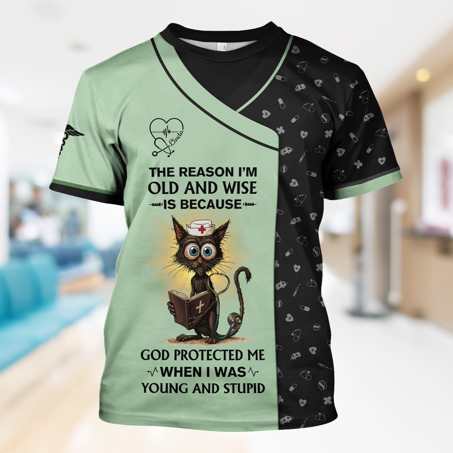 Personalized Funny Christian Nurse Shirt with Cat Design - God Protected Me Quote - Custom Name RN LPN CNA Gift