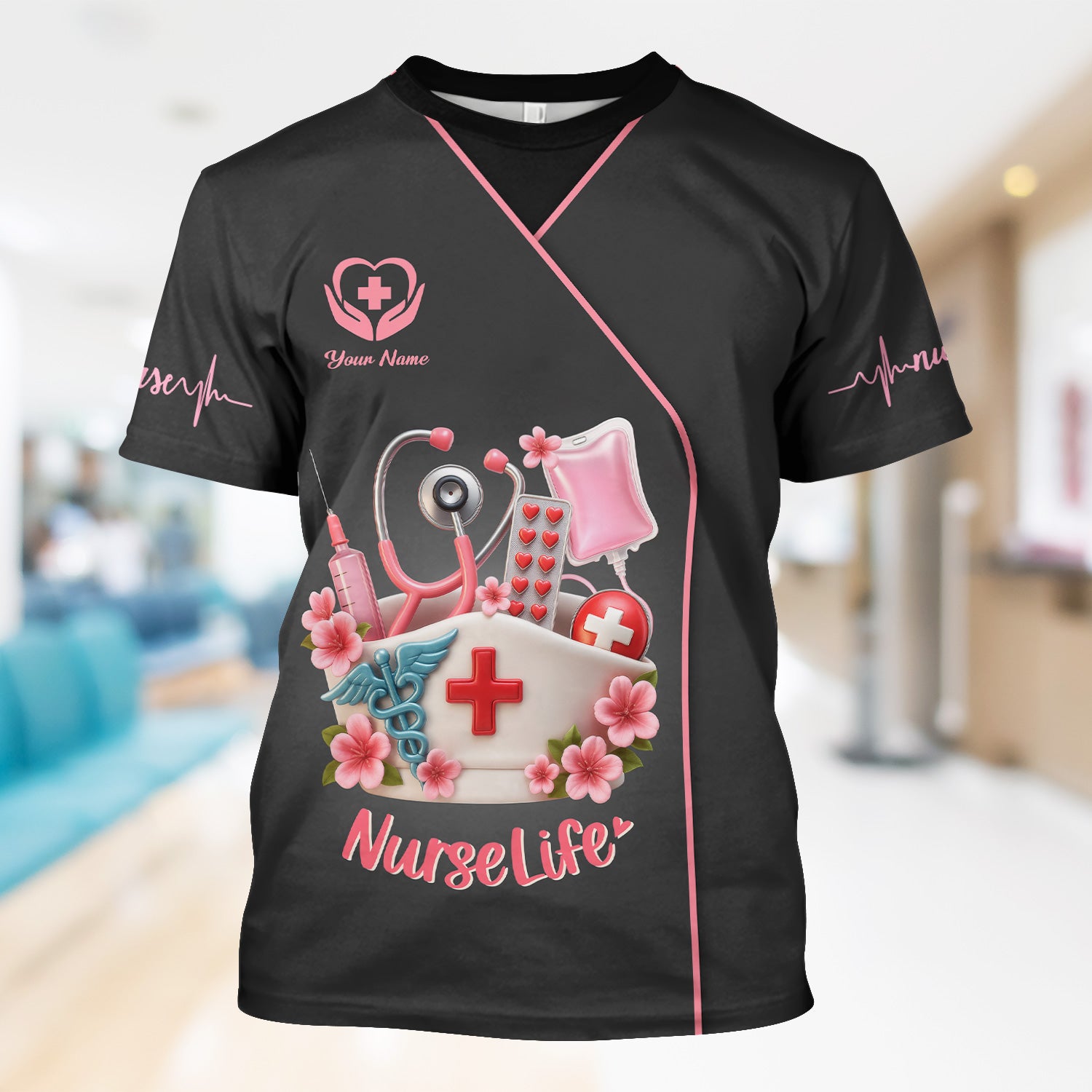 Personalized Nurse Life Shirt - Cute Pink Scrub Top Design with Medical Tools - Gift for RN LPN CNA Women