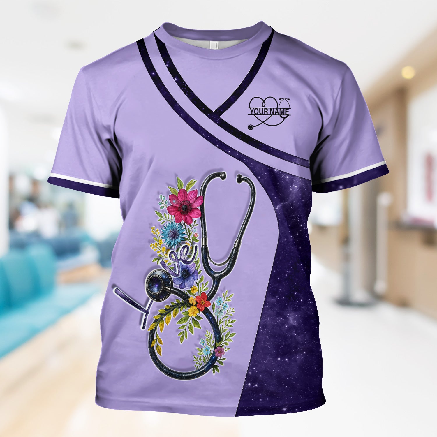 Custom Nurse Love T-Shirt - Floral Stethoscope & Galaxy Design - Personalized Gift for RN LPN CNA Healthcare Professionals