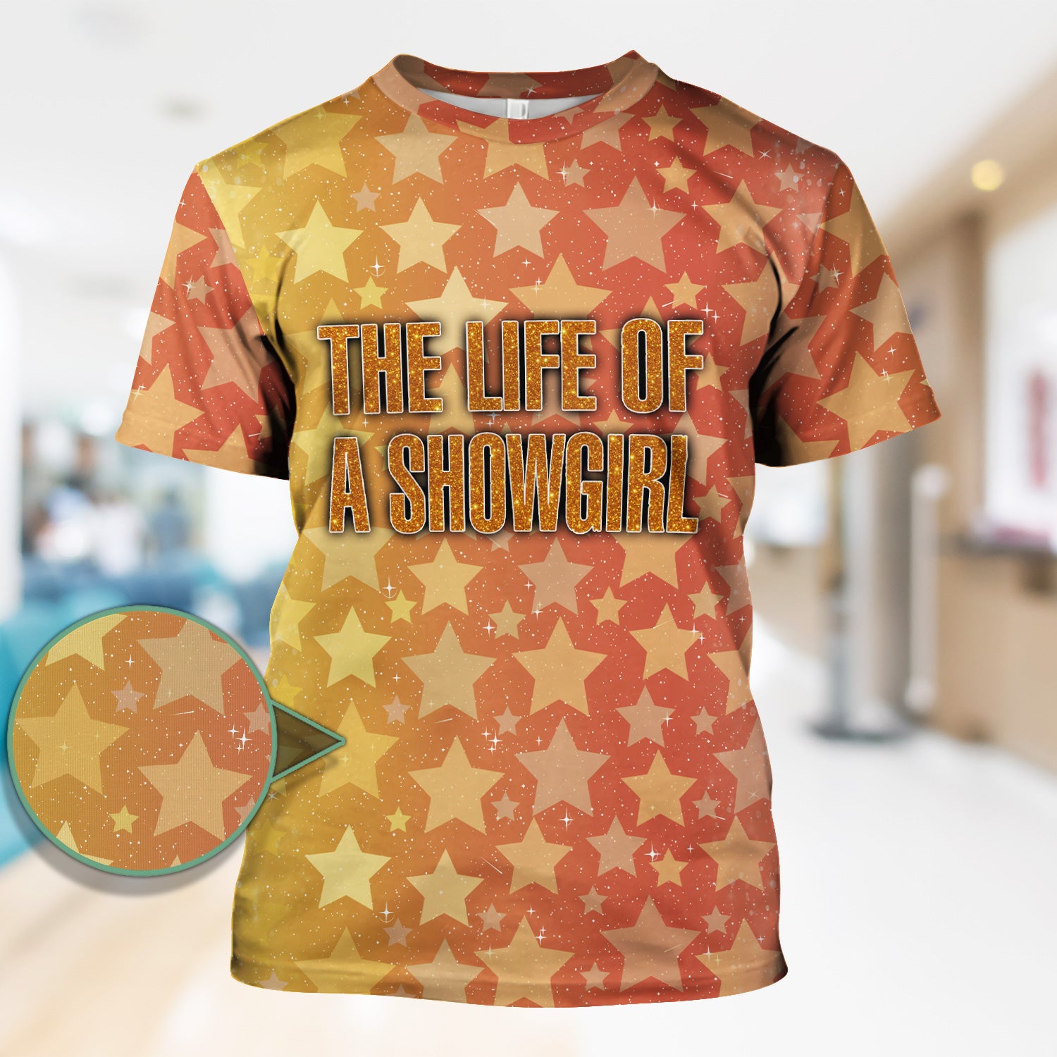Custom Women's Showgirl Tee - All-Over Print Sparkly Star TS12 Orange Shirt - Gift for RN LPN CNA