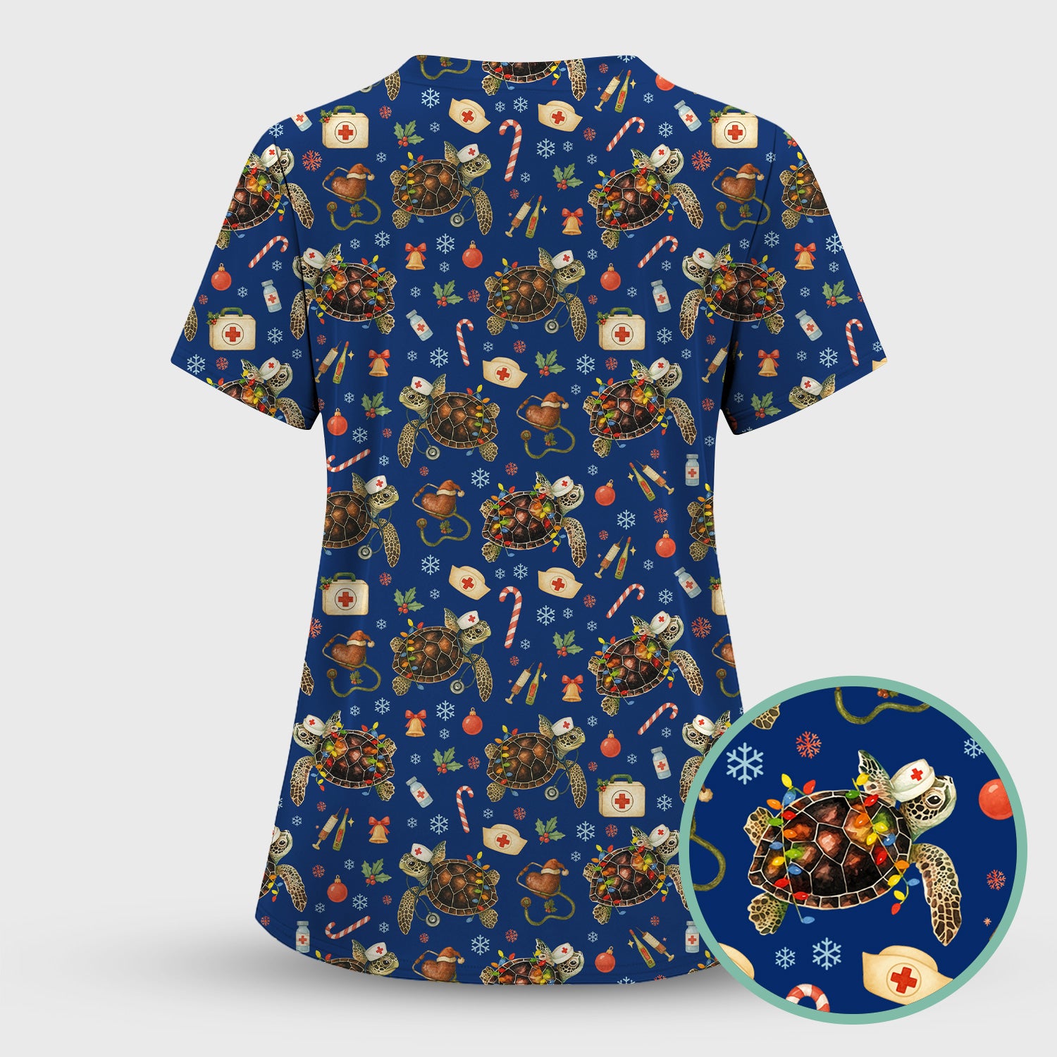 Christmas Turtle Scrub Top for Women - Cute Sea Turtle Nursing Medical Shirt - Festive Holiday Scrubs for CNA LPN RN