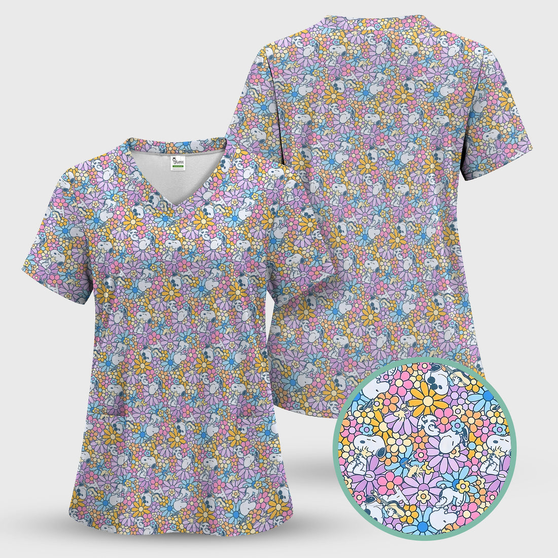 Cute Cartoon Dog Floral Scrub - Retro Daisy Flower Pattern V-Neck Top - Gift for Women Nurses & Pediatric Staff