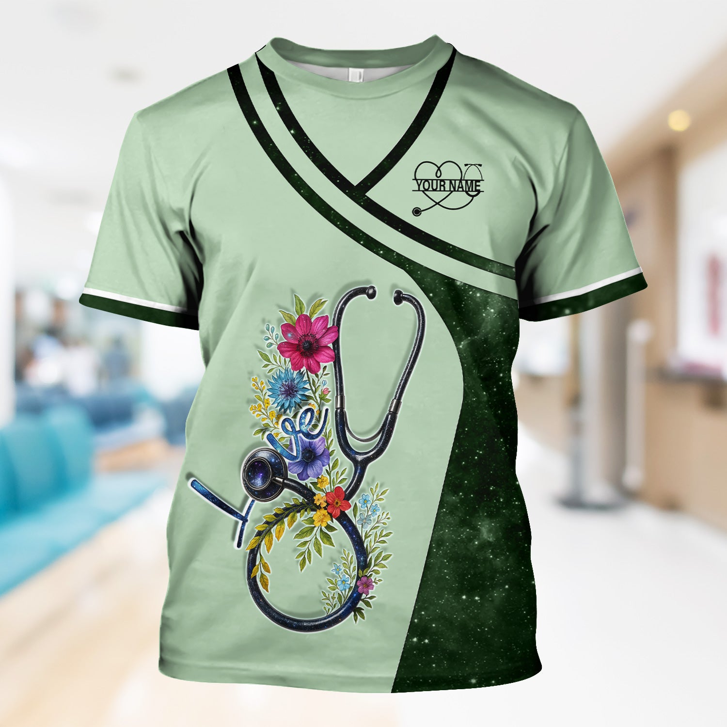 Custom Nurse Love T-Shirt - Floral Stethoscope & Galaxy Design - Personalized Gift for RN LPN CNA Healthcare Professionals