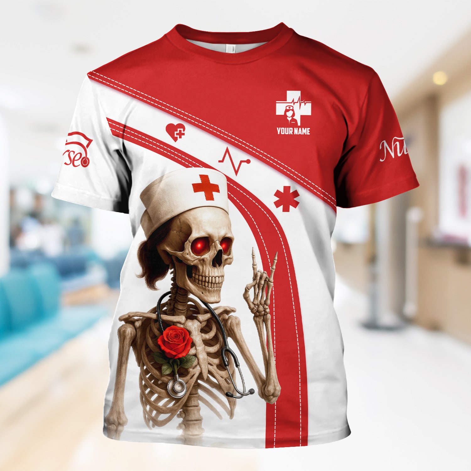 Funny Skeleton Nurse Shirt Personalized with Name - Dark Humor Gift for RN CNA LPN - Red White Scrubs Quote Tee for Healthcare Workers - Healthcare Dark Humor Tee