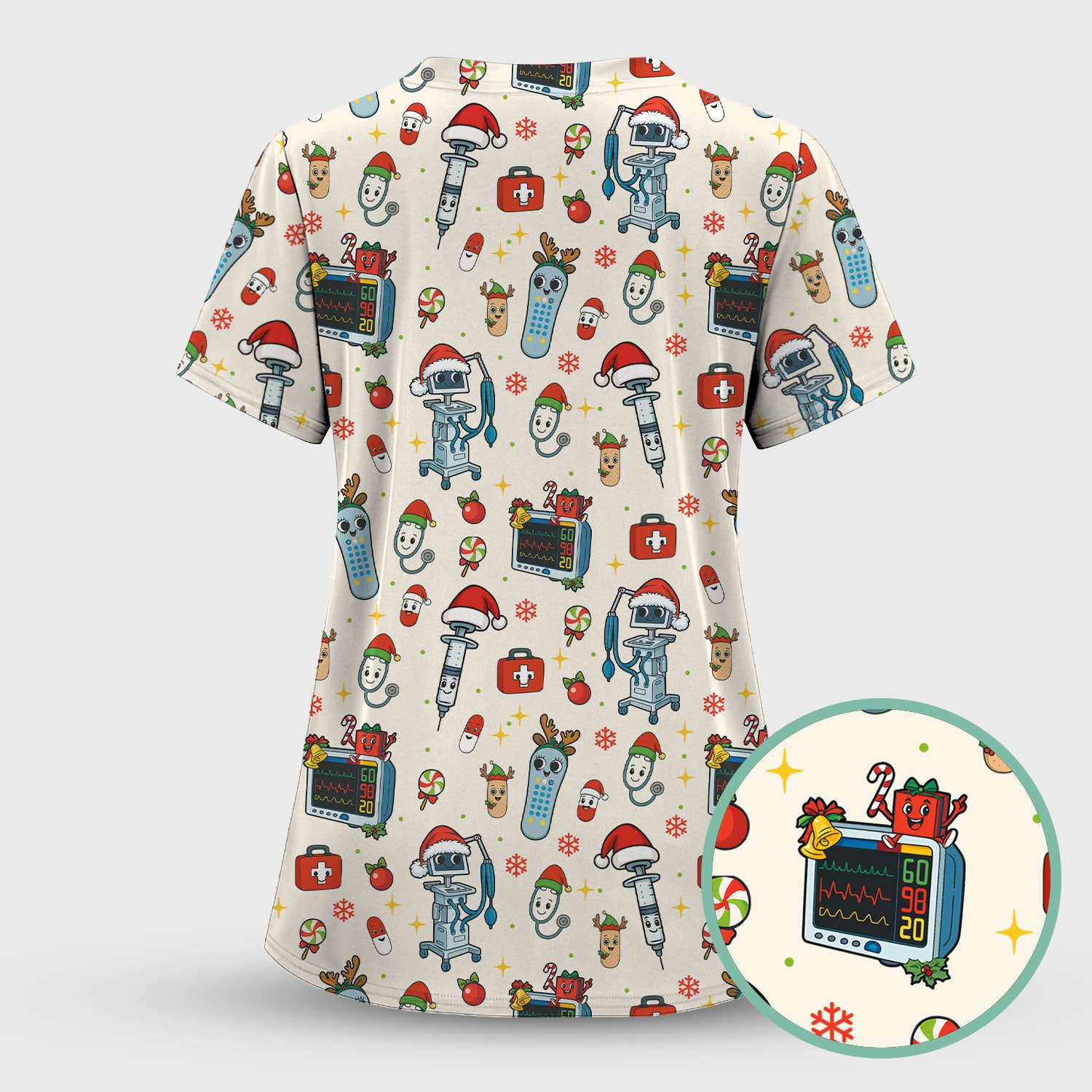 Christmas Scrub Top for Women - Funny Nurse Pattern with Robot & Reindeer - Festive Medical Shirt for Holiday Shifts