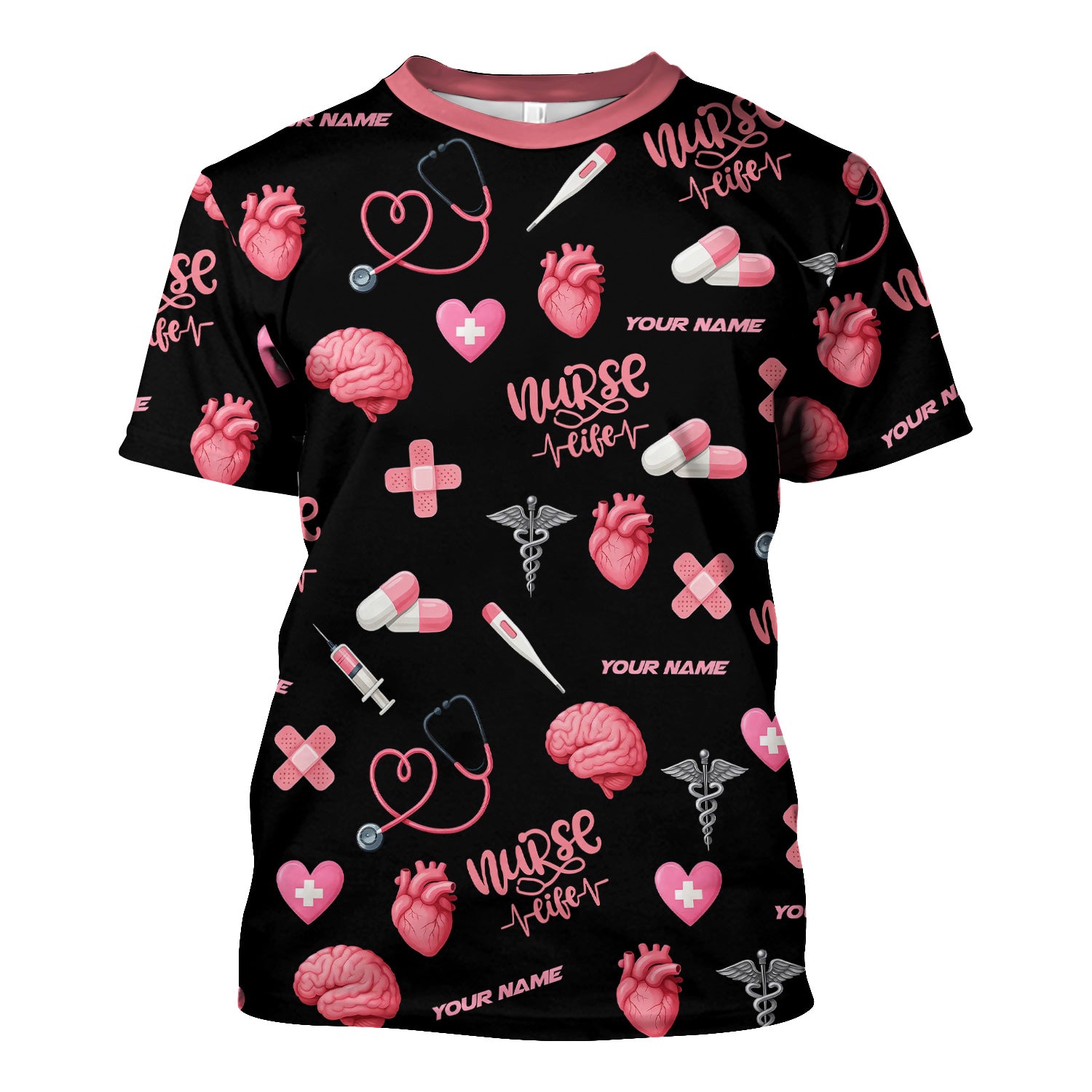 Personalized Nurse Life Shirt - Cute Medical Pattern with Heart Brain Pills Stethoscope - Custom Name Gift for RN CNA LPN Women in Healthcare and Nursing Profession