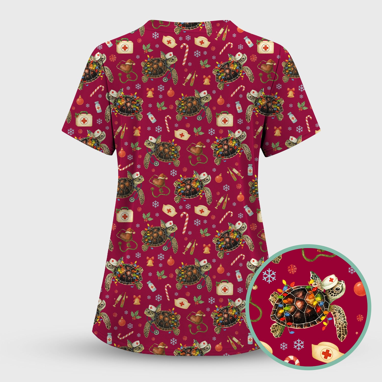 Christmas Turtle Scrub Top for Women - Cute Sea Turtle Nursing Medical Shirt - Festive Holiday Scrubs for CNA LPN RN