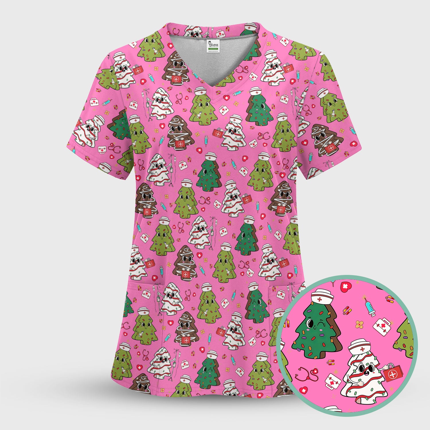 Christmas Tree Nurse Scrub Top for Women - Cute Holiday Nursing Shirt - Funny Xmas Gift for RN LPN CNA