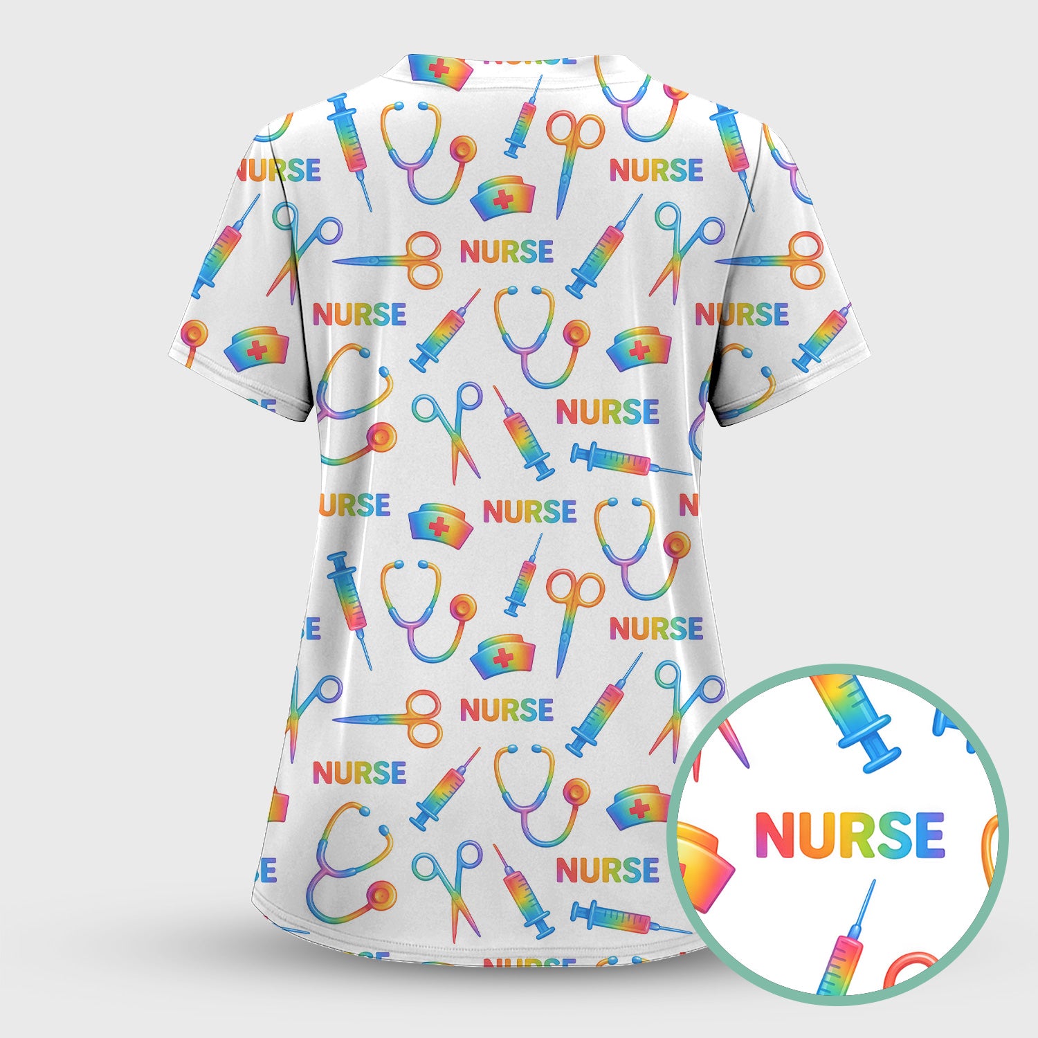 Colorful Nurse Scrub Top for Women - Rainbow Syringe and Scissors Pattern - Fun Medical Scrubs Shirt Gift for RN LPN CNA