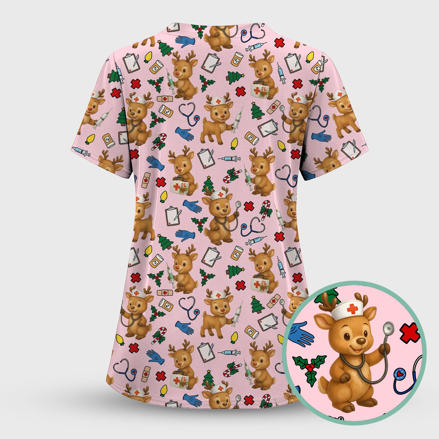 Christmas Scrub Tops and Pants - Reindeer Pattern Nurse Scrub Set - Cute Holiday Medical Print Scrubs for Women RN LPN CNA