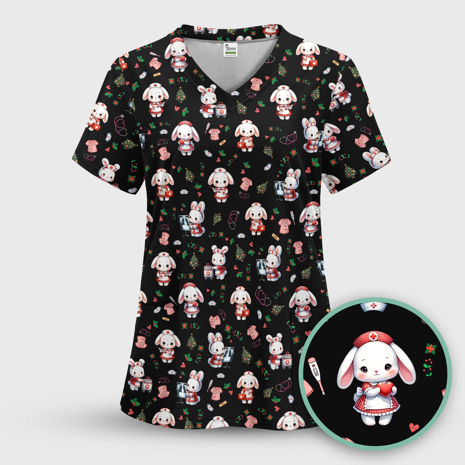 Comfortable Scrubs for Nurses - Funny Bunny Scrub Top - Rabbit Christmas Shirt - Xmas Med Uniform for Women