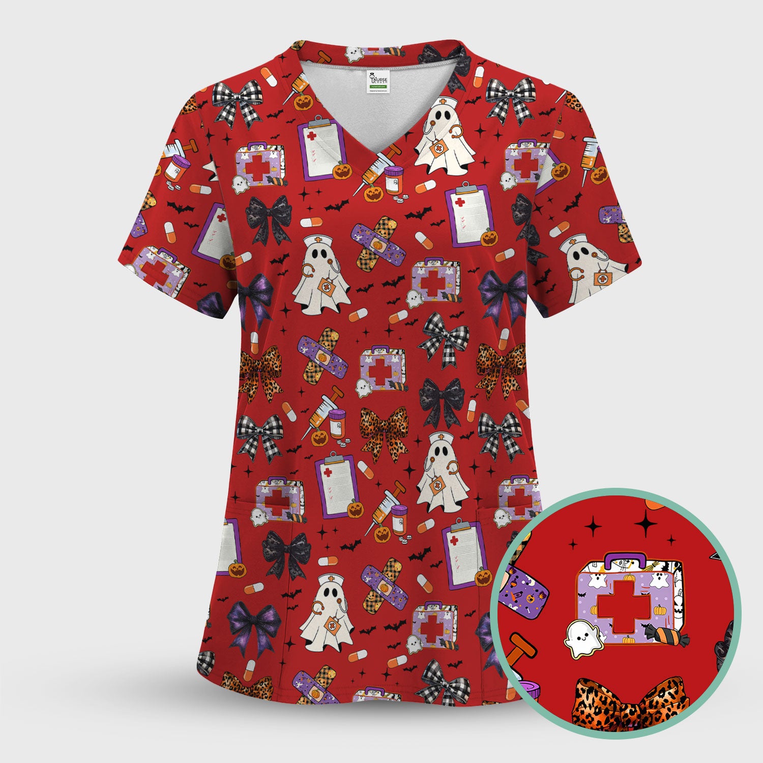 Spooky Cute Nurse Scrubs Top - Ghost, Pumpkin & Bow Print - Fun Halloween Medical Shirt for Women Nurses