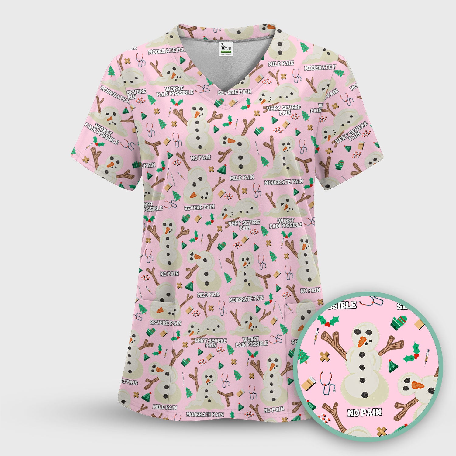 Christmas Snowman Nurse Scrub Top for Women - Funny Pain Scale Medical Shirt - Cute Holiday Nursing Uniform Gift for RN LPN CNA