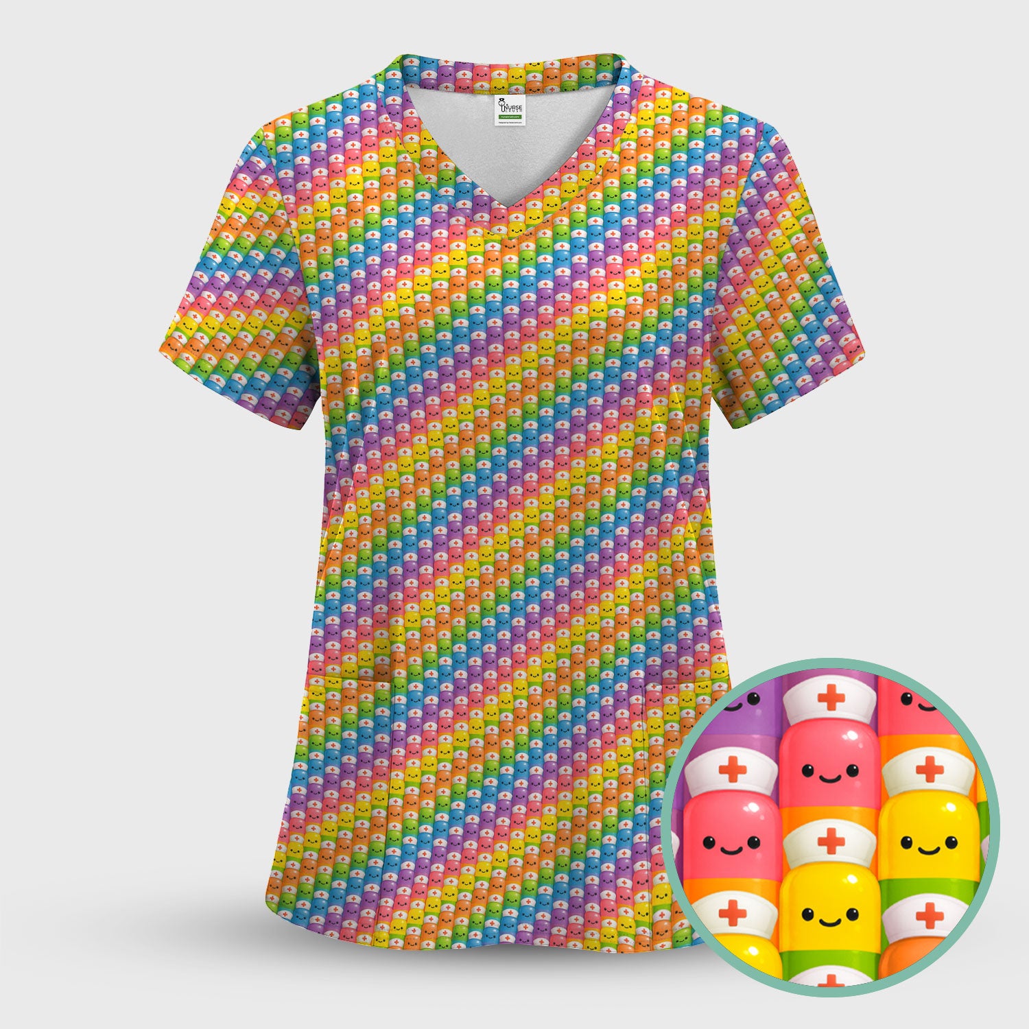 Funny Rainbow Nurse Scrub - Pill Cartoon with Syringe Graphic Tee - Gift for RN CNA LPN or Nursing Student