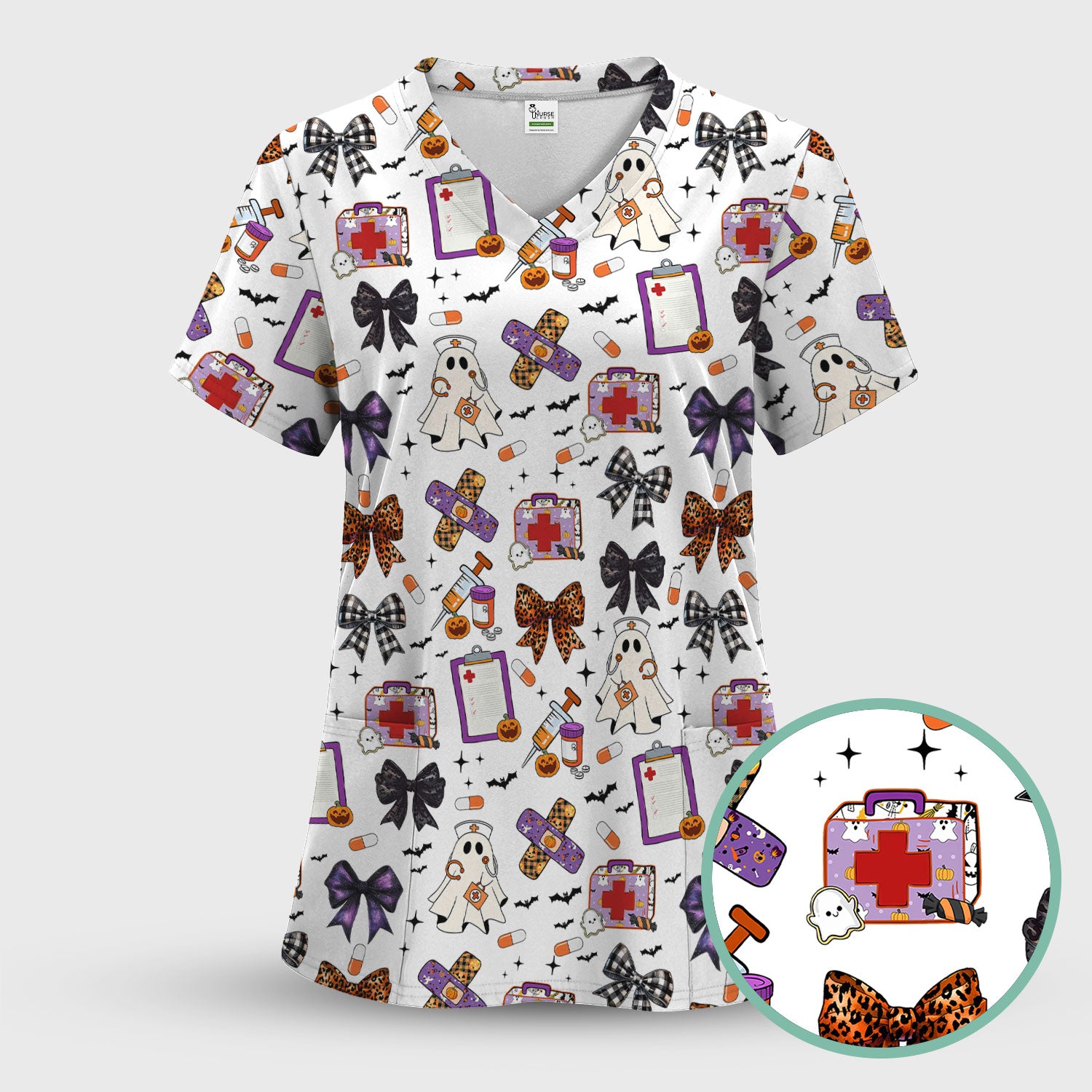 Spooky Cute Nurse Scrubs Top - Ghost, Pumpkin & Bow Print - Fun Halloween Medical Shirt for Women Nurses
