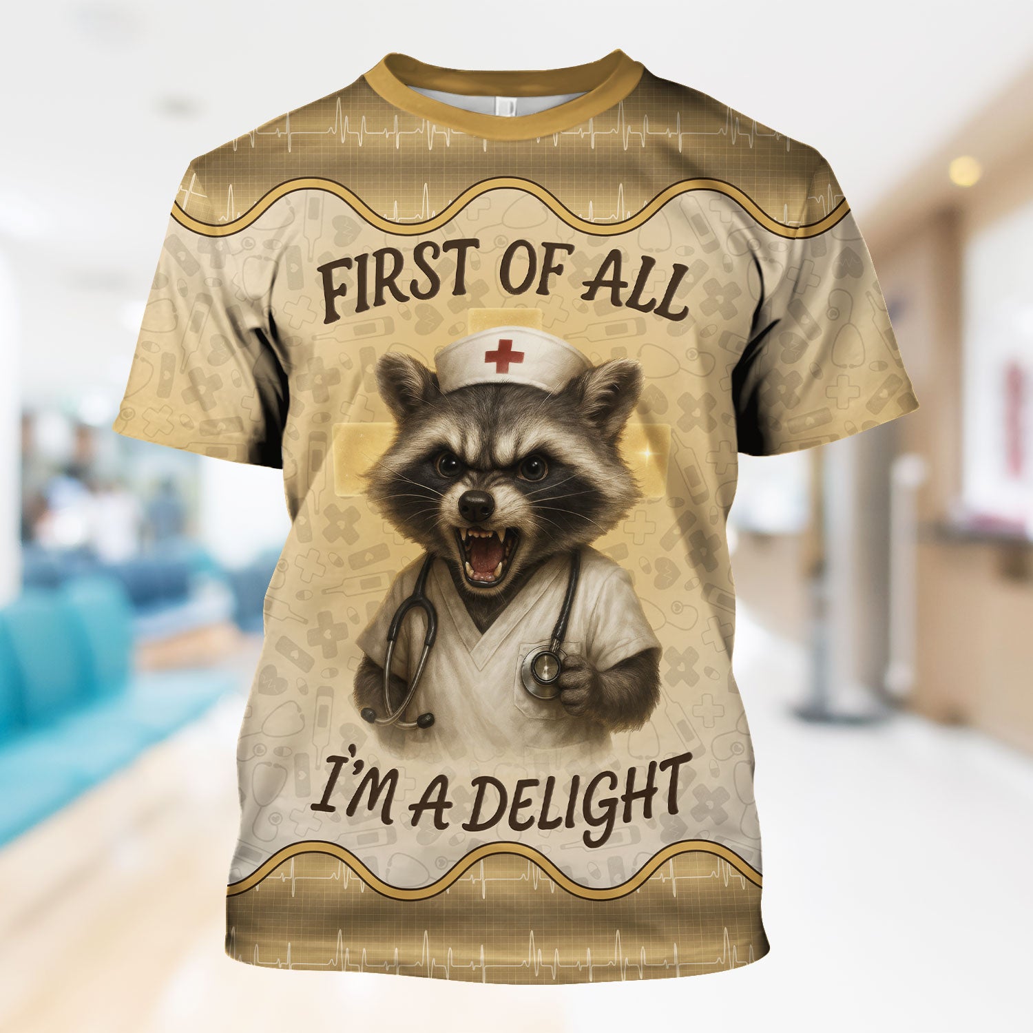 Funny Nurse Shirt with Raccoon - First Of All I'm A Delight - Personalized with Name - Cute Gift for RN CNA LPN Women in Healthcare