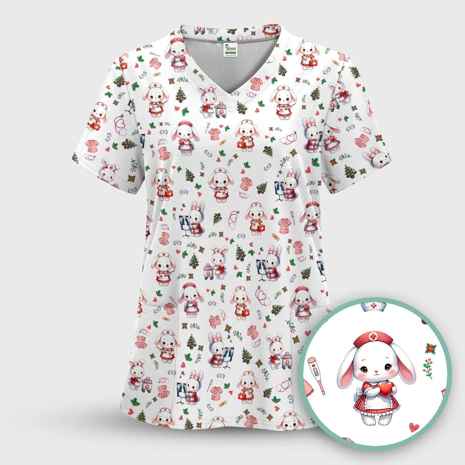 Comfortable Scrubs for Nurses - Funny Bunny Scrub Top - Rabbit Christmas Shirt - Xmas Med Uniform for Women