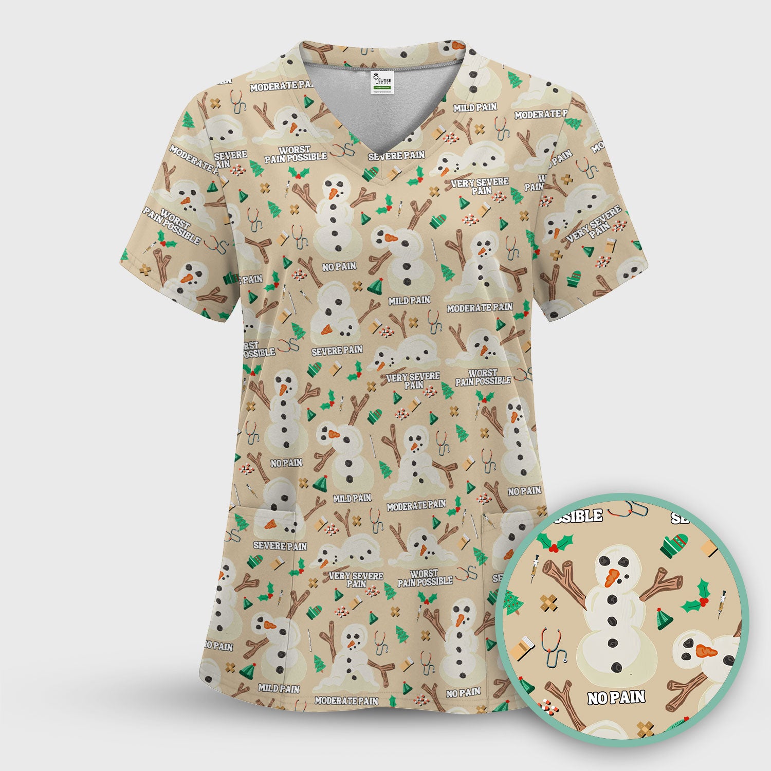 Christmas Snowman Nurse Scrub Top for Women - Funny Pain Scale Medical Shirt - Cute Holiday Nursing Uniform Gift for RN LPN CNA