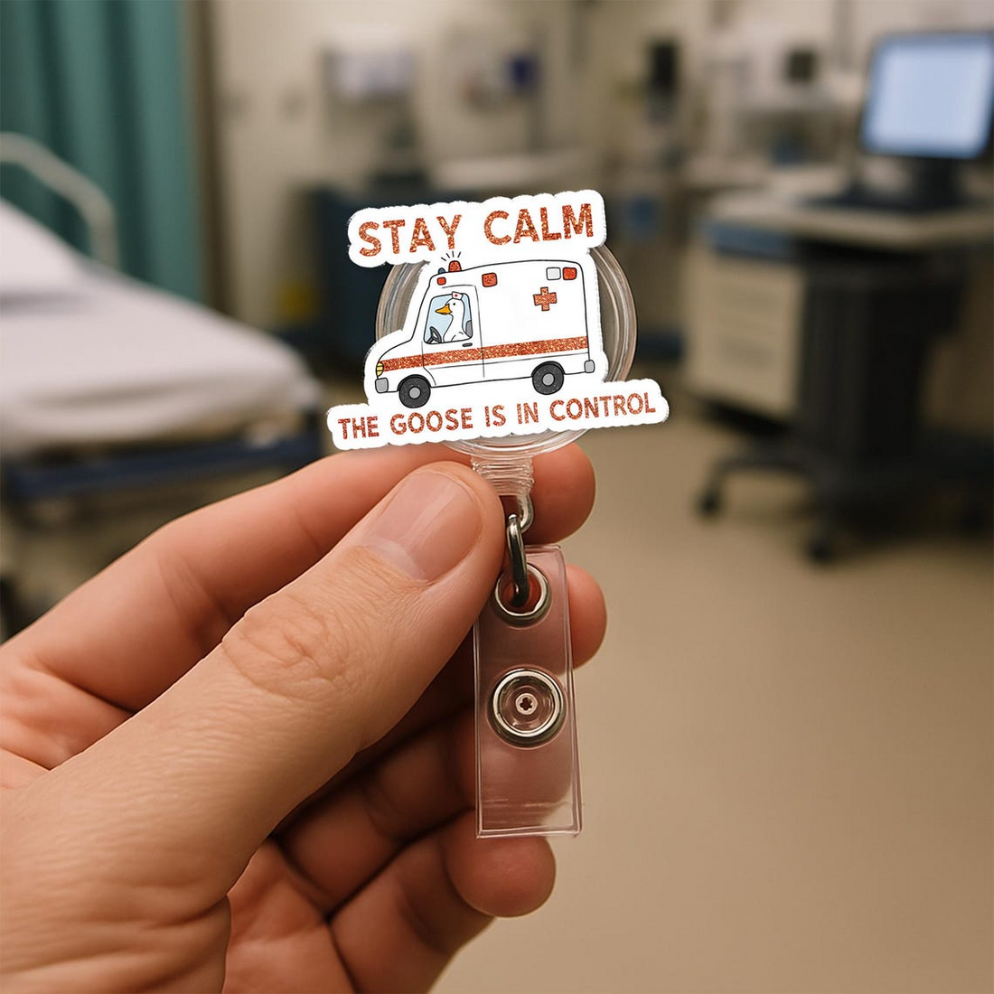 Funny Goose Badge Reel, Stay Calm Nurse ID Holder, Retractable Work Badge, RN LPN CNA ER Gift