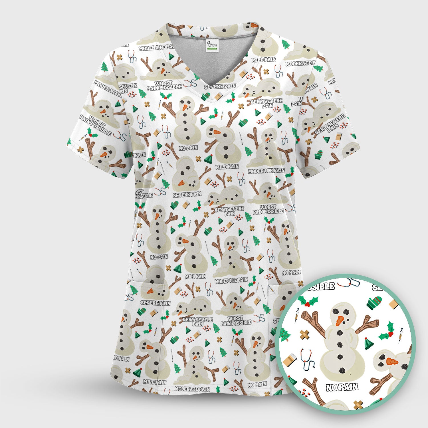 Christmas Snowman Nurse Scrub Top for Women - Funny Pain Scale Medical Shirt - Cute Holiday Nursing Uniform Gift for RN LPN CNA