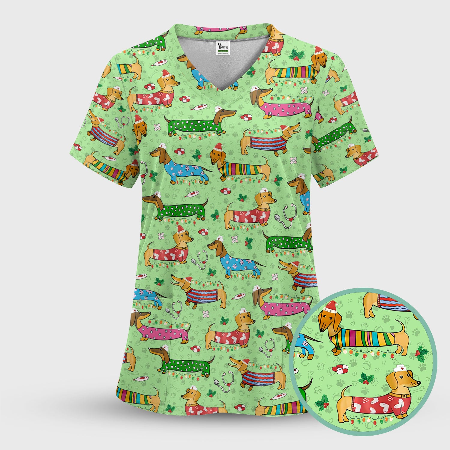 Christmas Scrub Top for Women - Funny Dachshund Nurse Shirt - Cute Holiday Medical Uniform Gift for RN LPN CNA