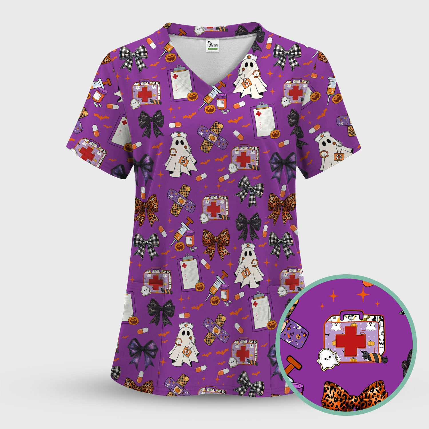 Spooky Cute Nurse Scrubs Top - Ghost, Pumpkin & Bow Print - Fun Halloween Medical Shirt for Women Nurses