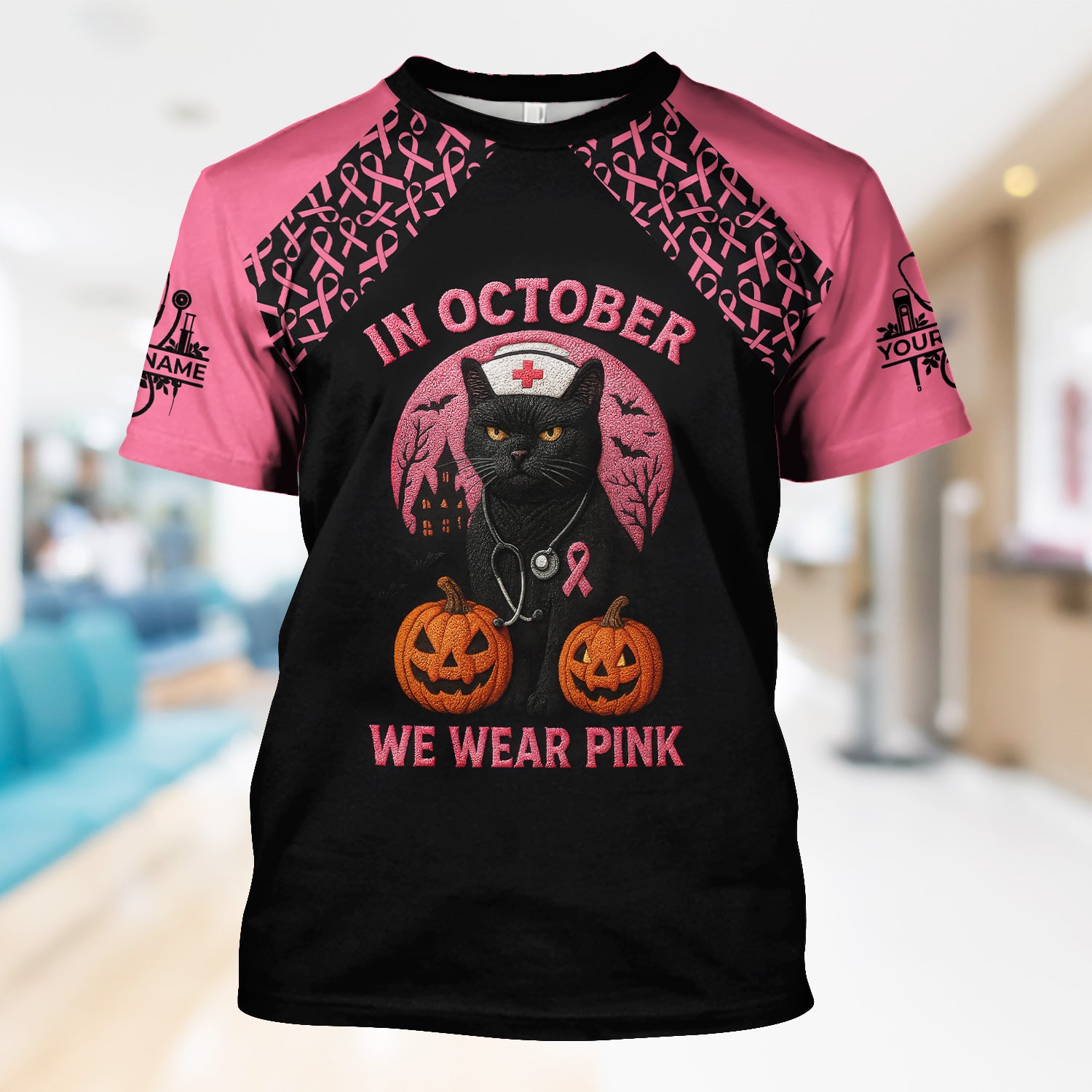 In October We Wear Pink Scrub Top - Breast Cancer Awareness Shirt for Women - Halloween Gift for RN CNA LPN ER