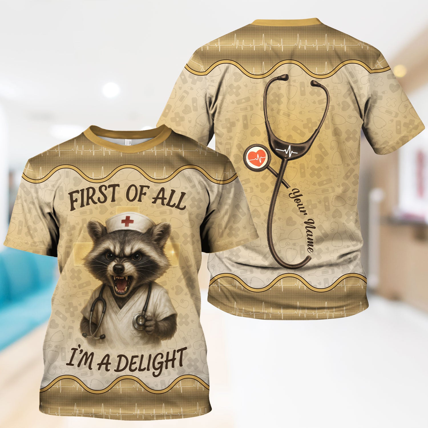 Funny Nurse Shirt with Raccoon - First Of All I'm A Delight - Personalized with Name - Cute Gift for RN CNA LPN Women in Healthcare