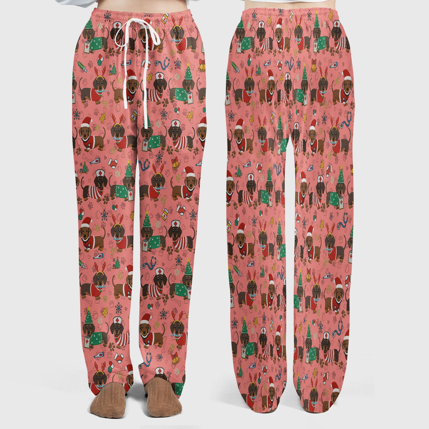 Christmas Wiener Dog Scrub Sets for Nurses - Cute Dachshund Scrubs Pants and V Neck Top - Fun Holiday Gift for Women RN CNA LPN