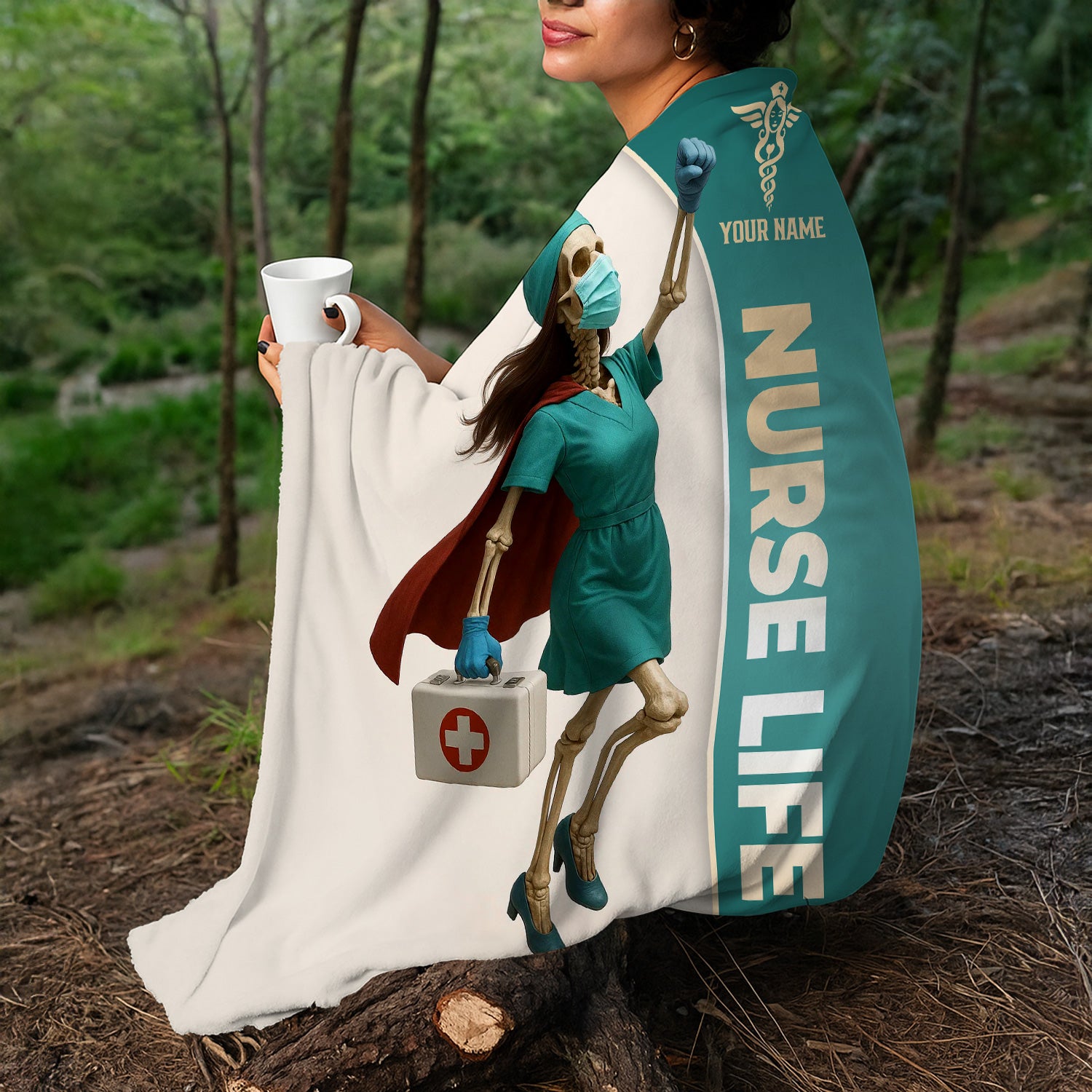 Personalized Superhero Nurse Blanket - Skeleton in Cape Holding Medical Bag - Nurse Life Gift for Healthcare Heroes