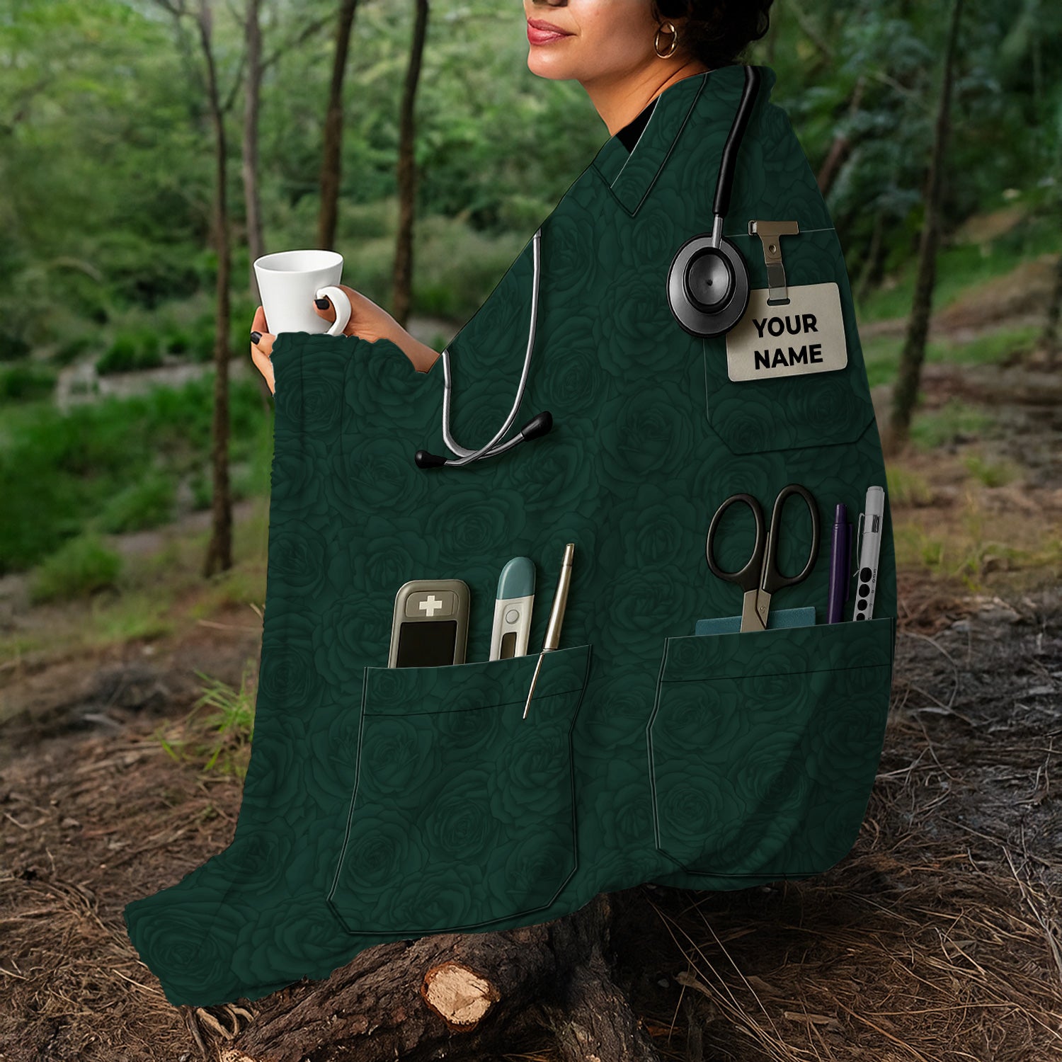 Green Scrub Nurse Throw Blanket - Medical Uniform Design with Pockets and Name - Gift for Female Nurses, CNA, LPN, RN