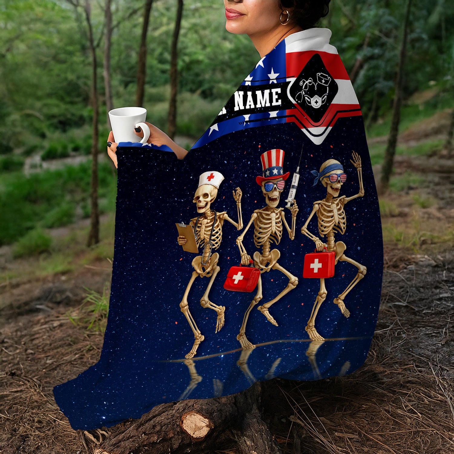 Nurse Life Skeleton Blanket - American Flag 4th of July Throw - Custom Gift for RN CNA LPN
