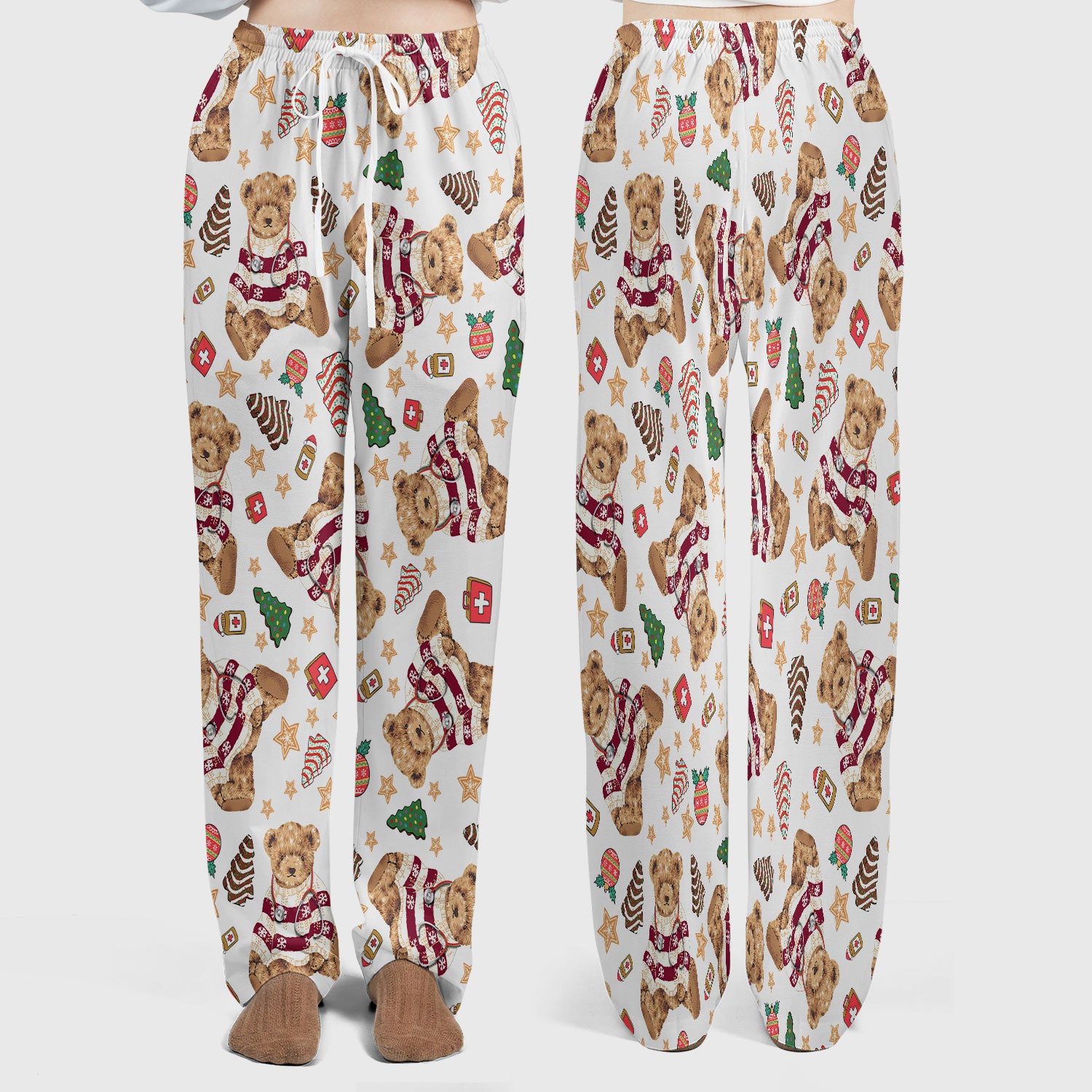 Christmas Teddy Bear Scrub Set for Nurses - Cozy Holiday Pattern with Cute Bear and Medical Icons Scrubs Pants and V Neck Top