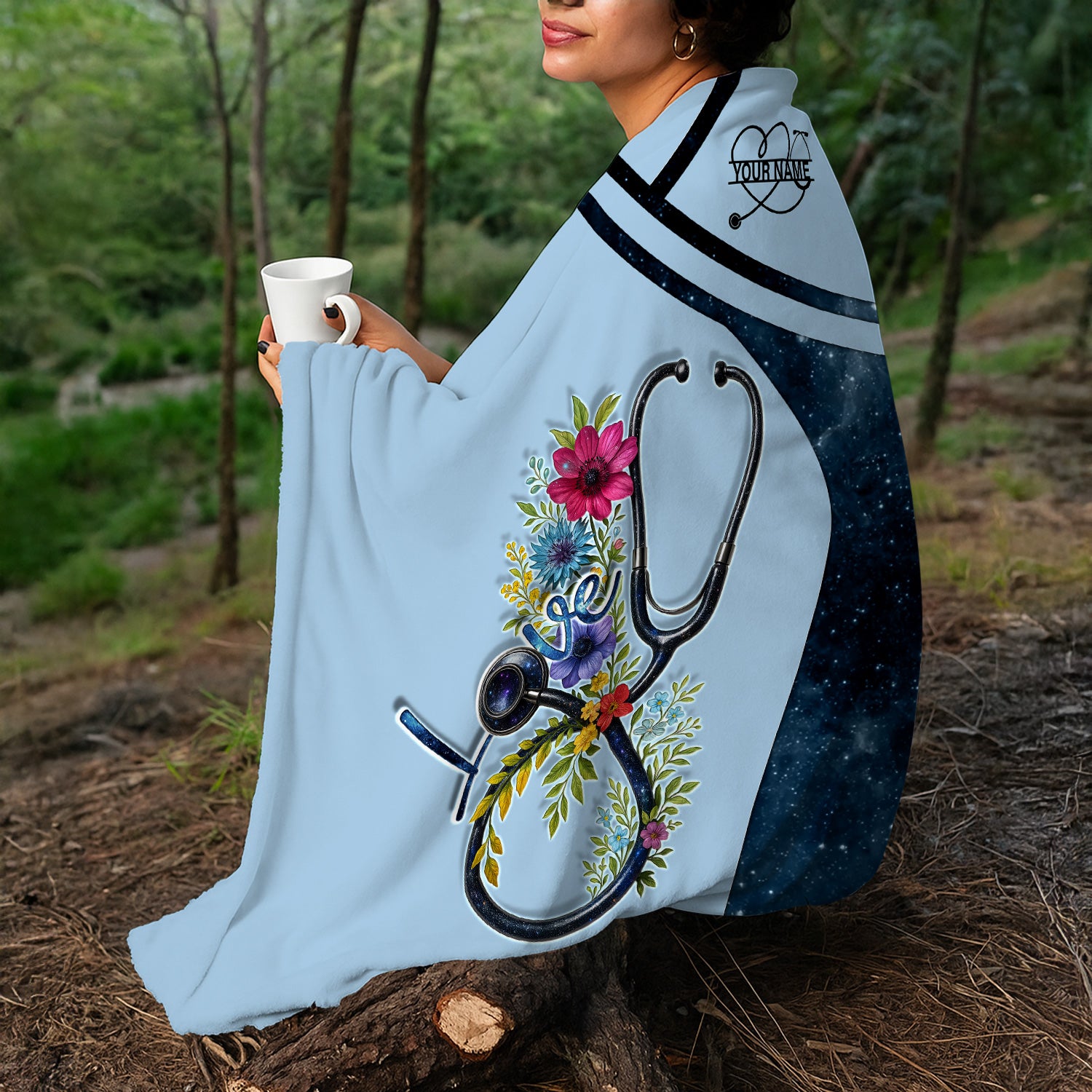 Personalized Nurse Blanket - Floral Stethoscope Love Design - Custom Name Gift for RN LPN CNA Medical Staff