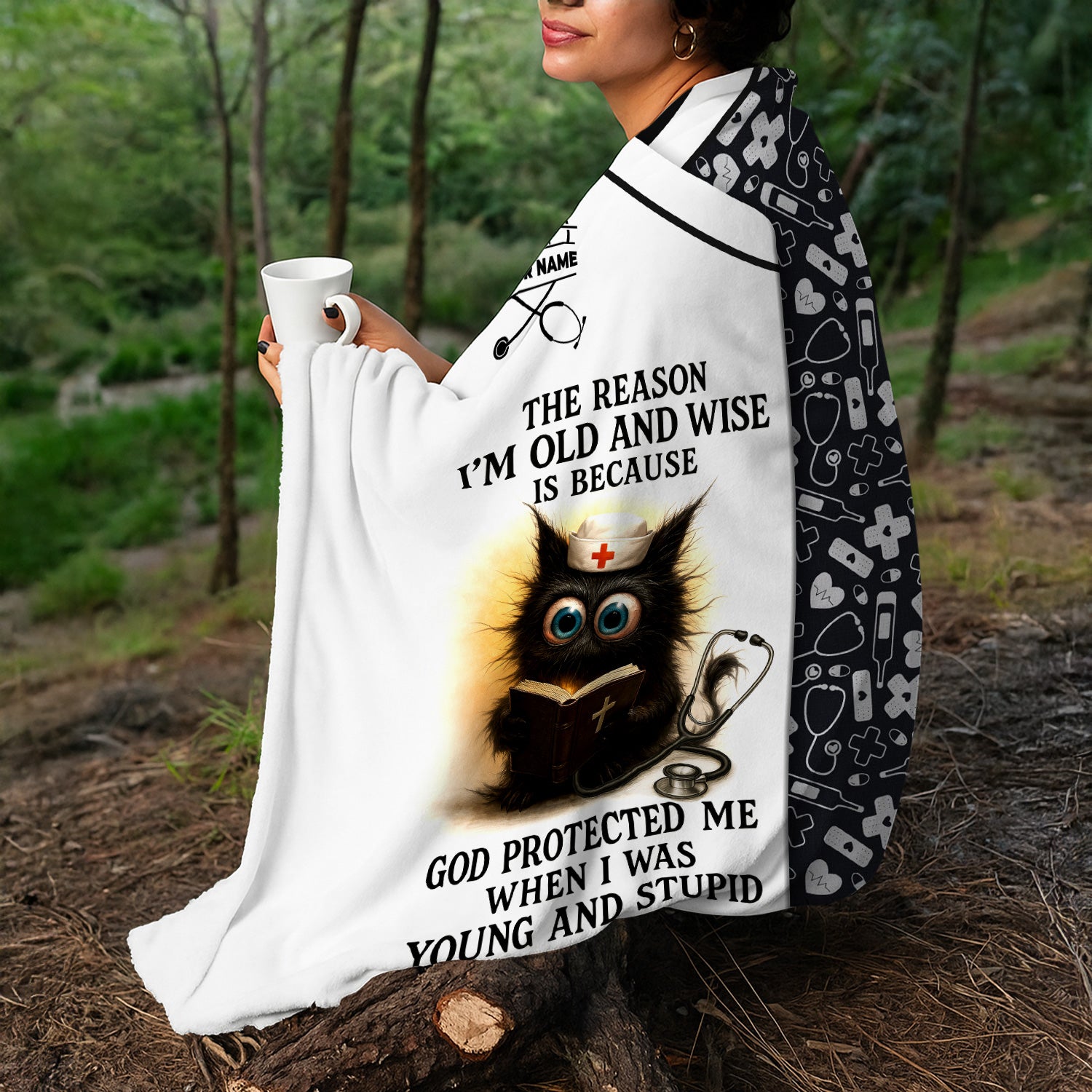 Custom Name Funny Nurse Blanket for RN LPN CNA - Wise Black Cat Cartoon with Bible and Stethoscope - Healthcare Gift for Medical Workers