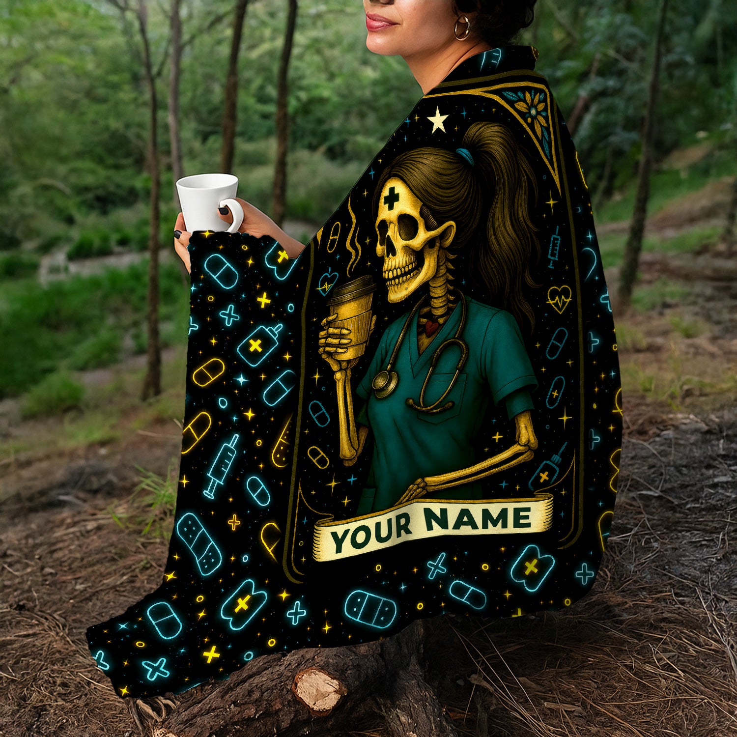 Funny Skeleton Nurse Blanket - Personalized RN CNA LPN Gift with Coffee Design - Custom Halloween Throw for Healthcare Workers