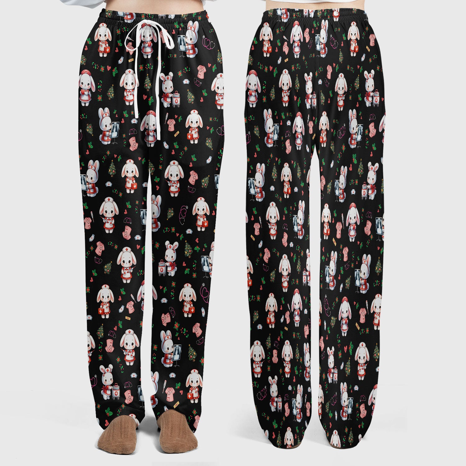 Comfortable Scrubs Sets for Nurses - Funny Bunny Scrub Pants and V Neck Top - Rabbit Christmas Med Uniform for Women