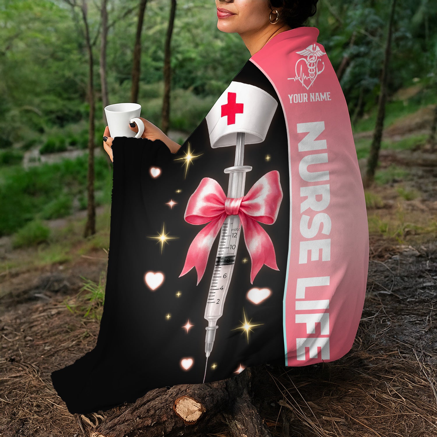 Personalized Nurse Life Blanket - Pink Syringe Bow & Nurse Hat Design - Cute RN LPN CNA Gift for Women