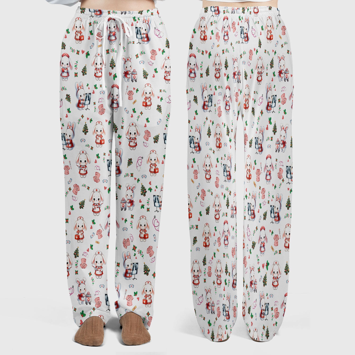 Comfortable Scrubs Sets for Nurses - Funny Bunny Scrub Pants and V Neck Top - Rabbit Christmas Med Uniform for Women