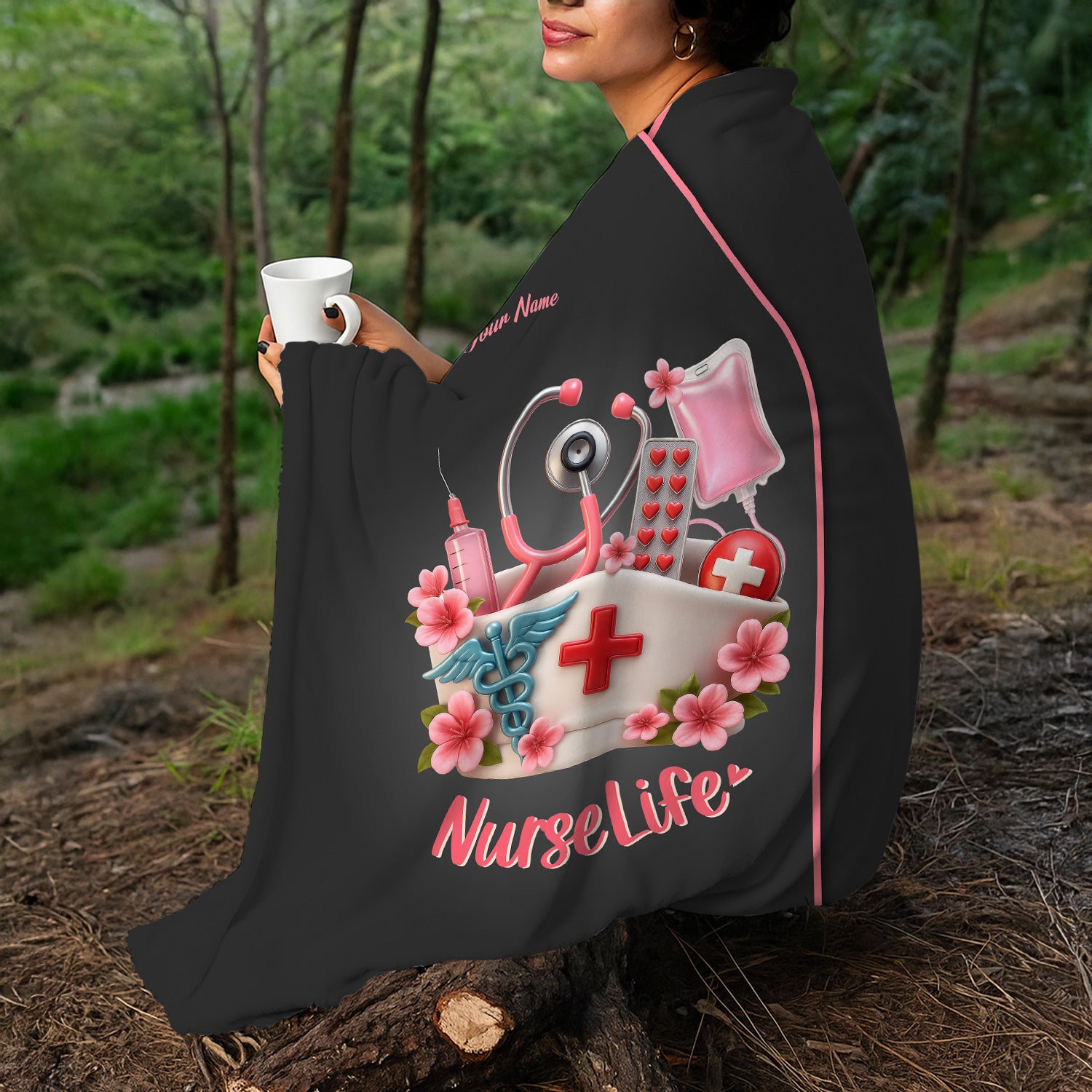 Custom Name Nurse Blanket - 3D Pink Stethoscope & Syringe Graphic - Gift for Female Nursing Students and Workers