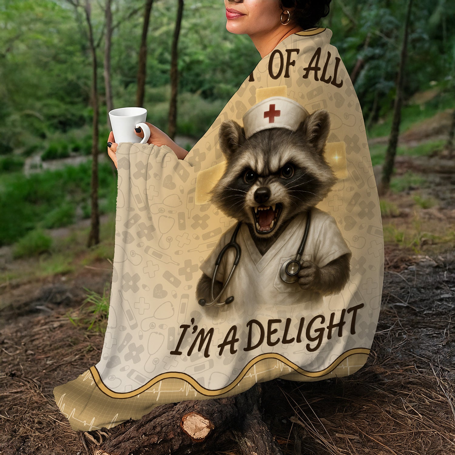 Personalized Funny Nurse Blanket - Gift for Women RN CNA LPN - Angry Raccoon Design 'First Of All I‰Ûªm A Delight' - Cozy Throw for Medical Staff