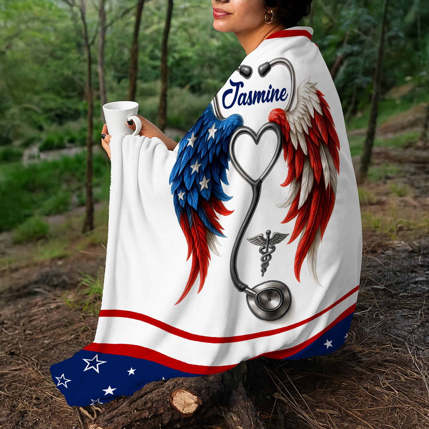 Nurse Angel Wings Blanket - Personalized Name & USA Flag Feathers - Soft Gift for RN LPN CNA Appreciation