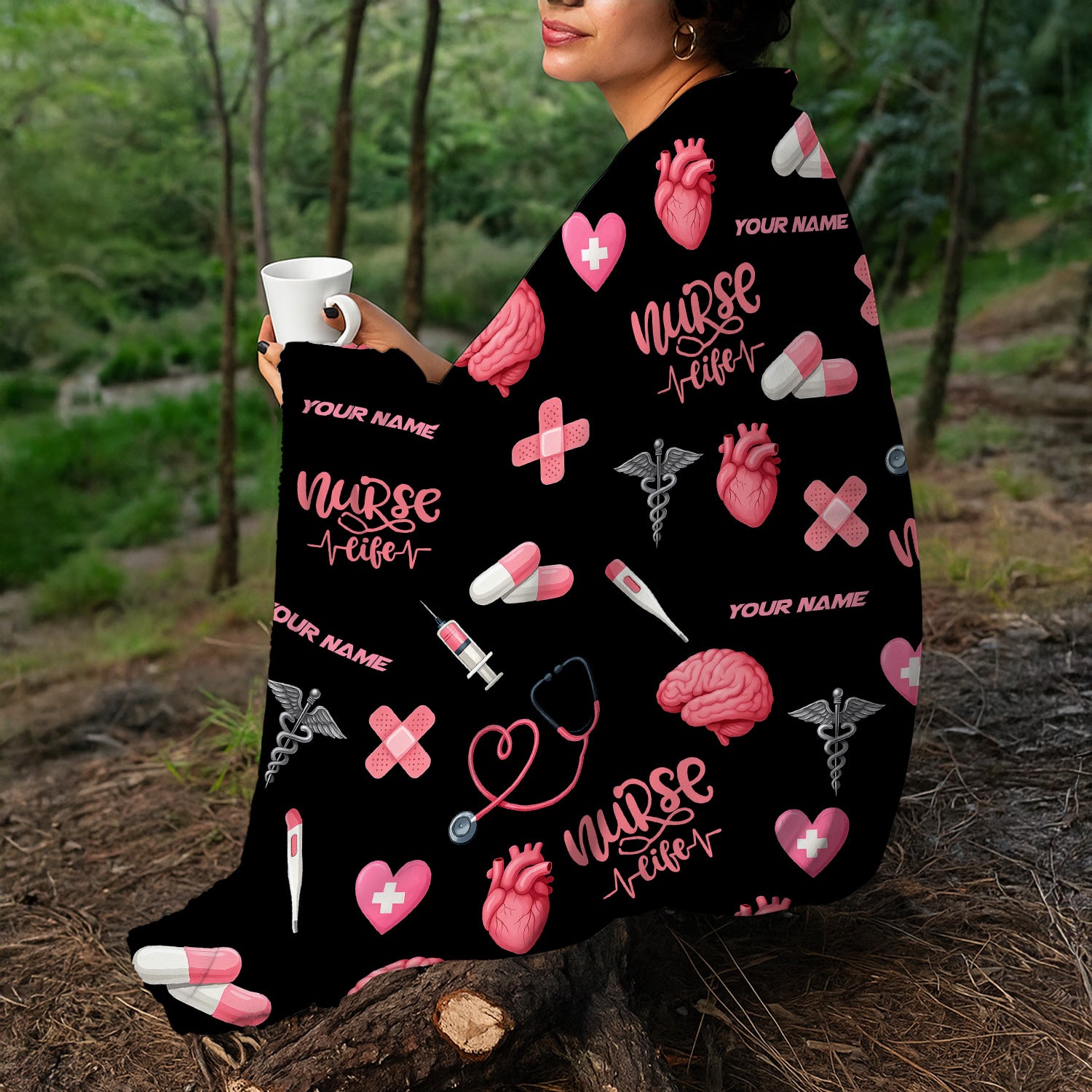 Funny Nurse Blanket with Name - Cute Pink Heart Brain Pill Icons - Personalized Gift for Women RN CNA LPN in Healthcare and Nursing Life