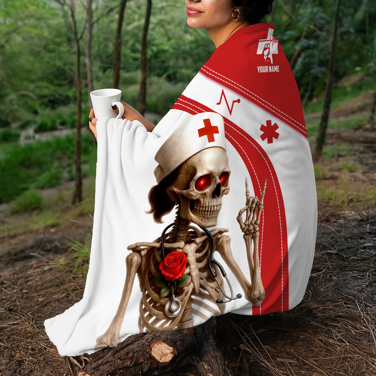 Personalized Nurse Life Blanket with Skeleton Quote - Red White Throw for RN CNA LPN - Funny Dark Humor Gift for Healthcare Workers