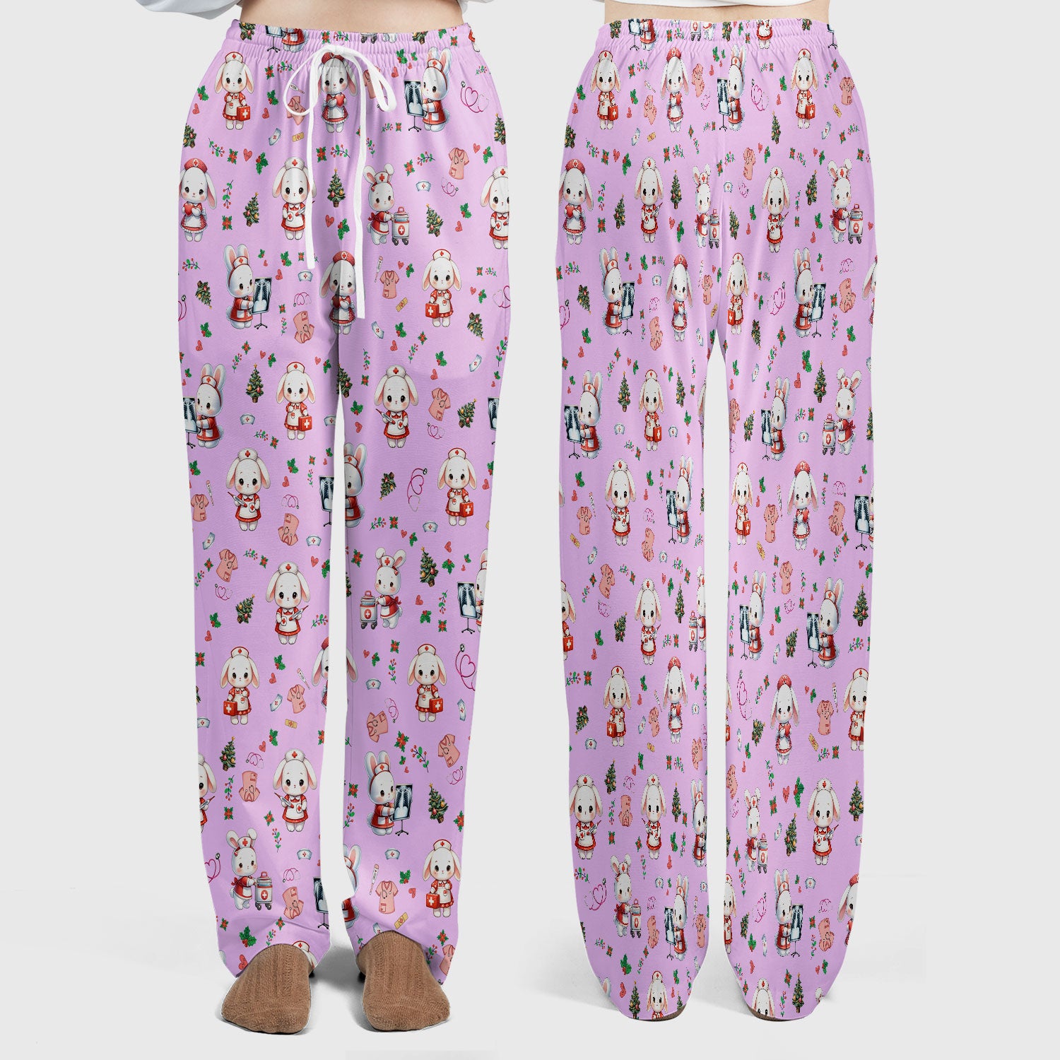 Comfortable Scrubs Sets for Nurses - Funny Bunny Scrub Pants and V Neck Top - Rabbit Christmas Med Uniform for Women