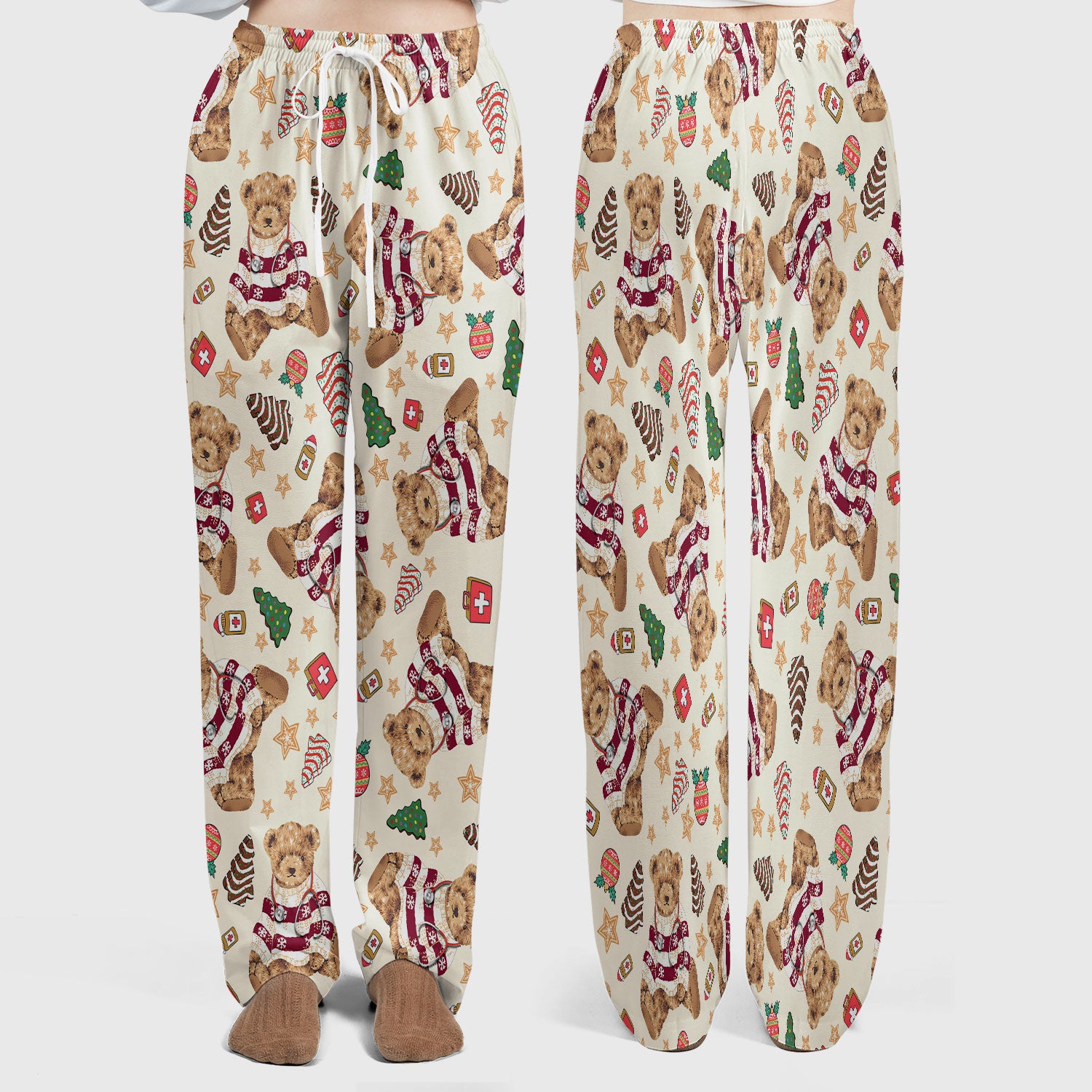 Christmas Teddy Bear Scrub Set for Nurses - Cozy Holiday Pattern with Cute Bear and Medical Icons Scrubs Pants and V Neck Top
