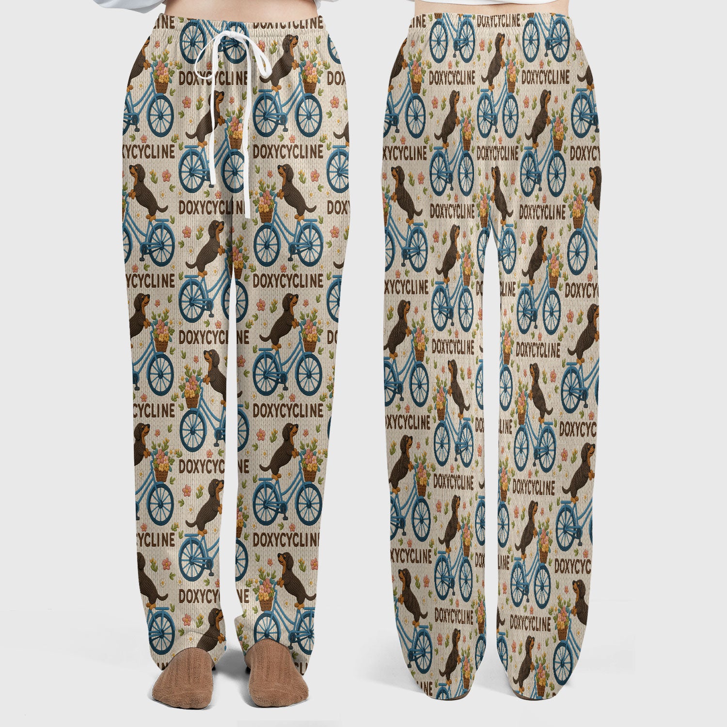 Doxycycline Pharmacy Pun Scrub Set - Dachshund on Bicycle Pharmacists Scrubs Pants and V Neck Top - Veterinary Technicians Gift