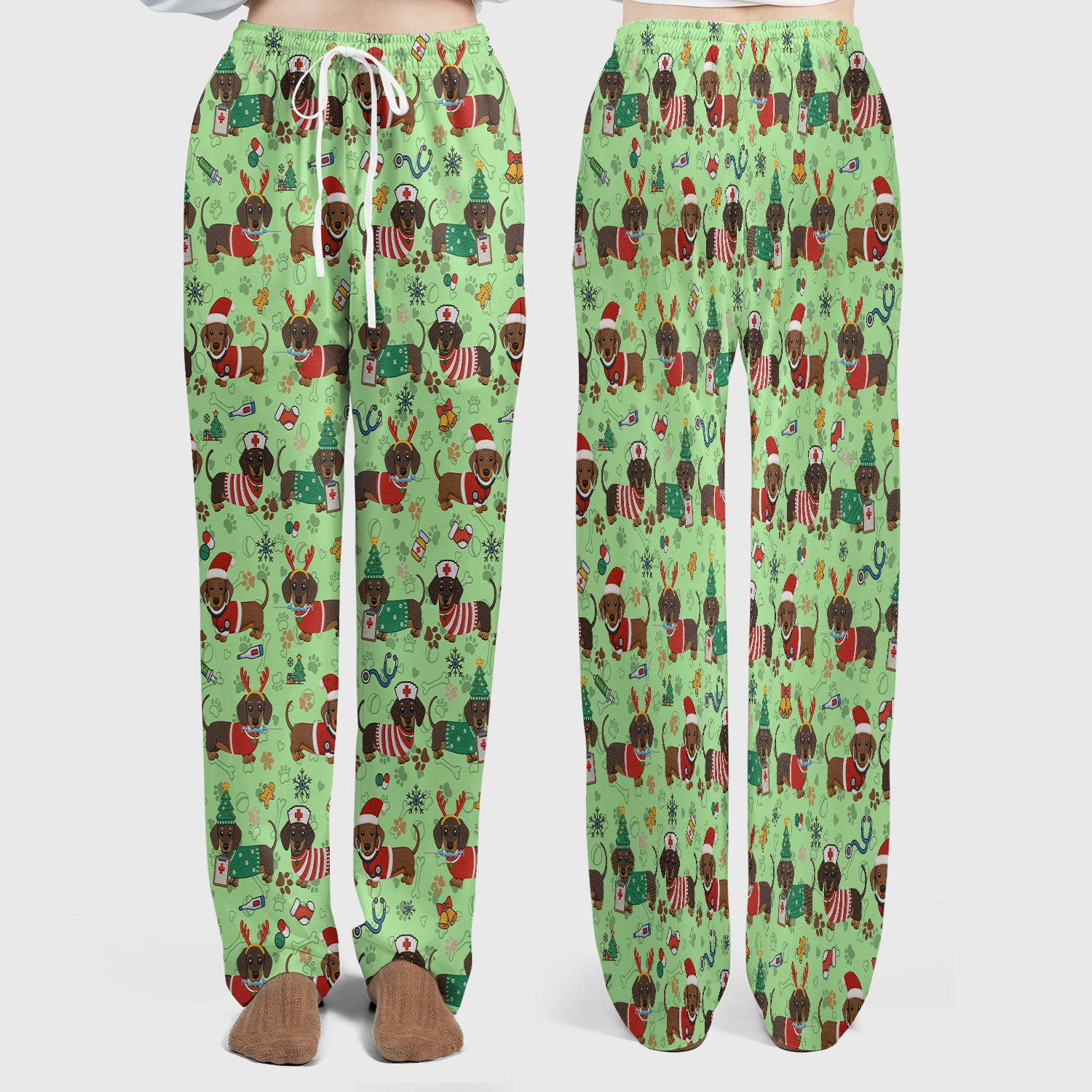 Christmas Wiener Dog Scrub Sets for Nurses - Cute Dachshund Scrubs Pants and V Neck Top - Fun Holiday Gift for Women RN CNA LPN